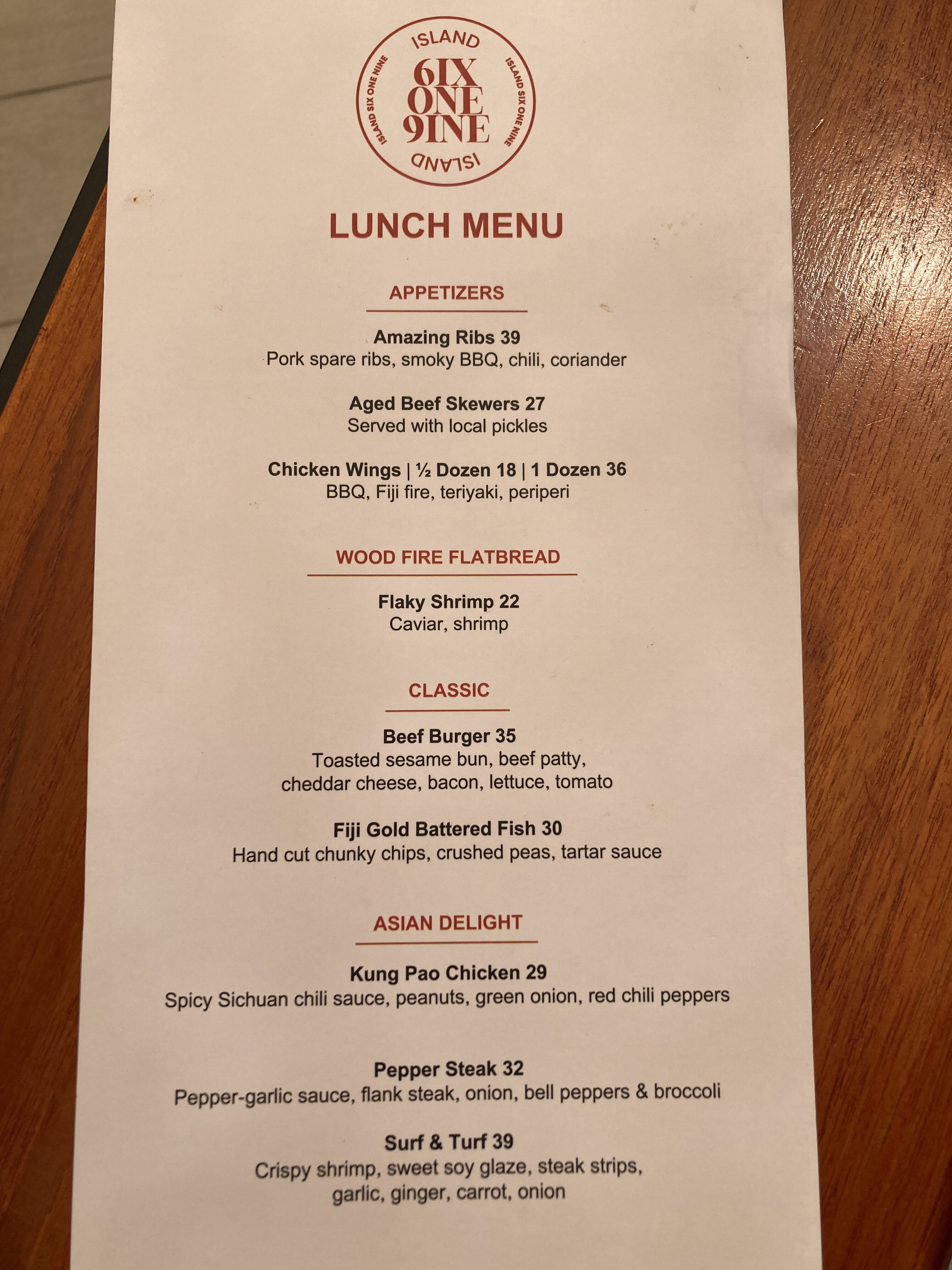 Sheraton Fiji Golf and Beach Resort Island 619 menu