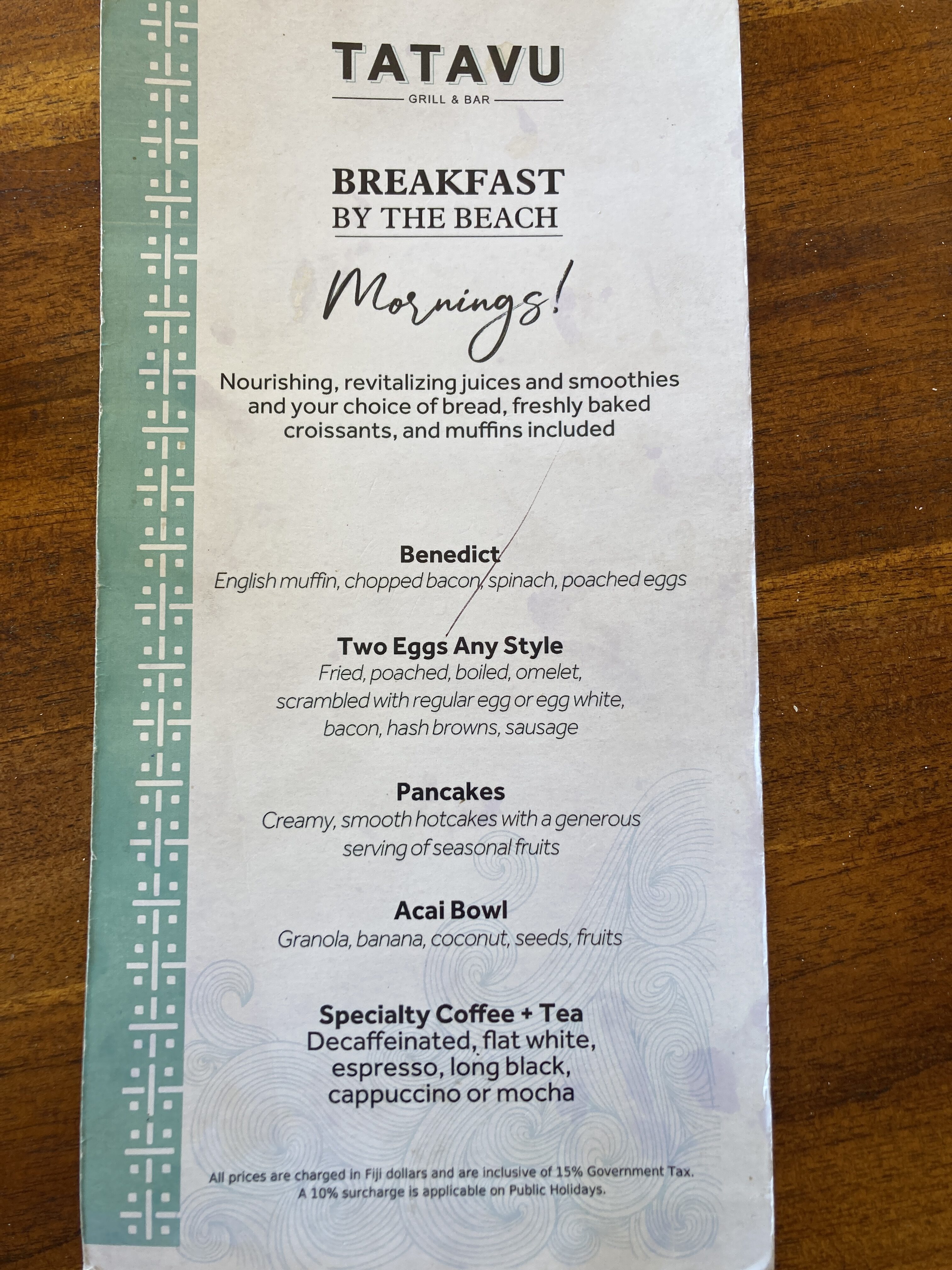 Sheraton Fiji Golf and Beach Resort Tatavu breakfast menu