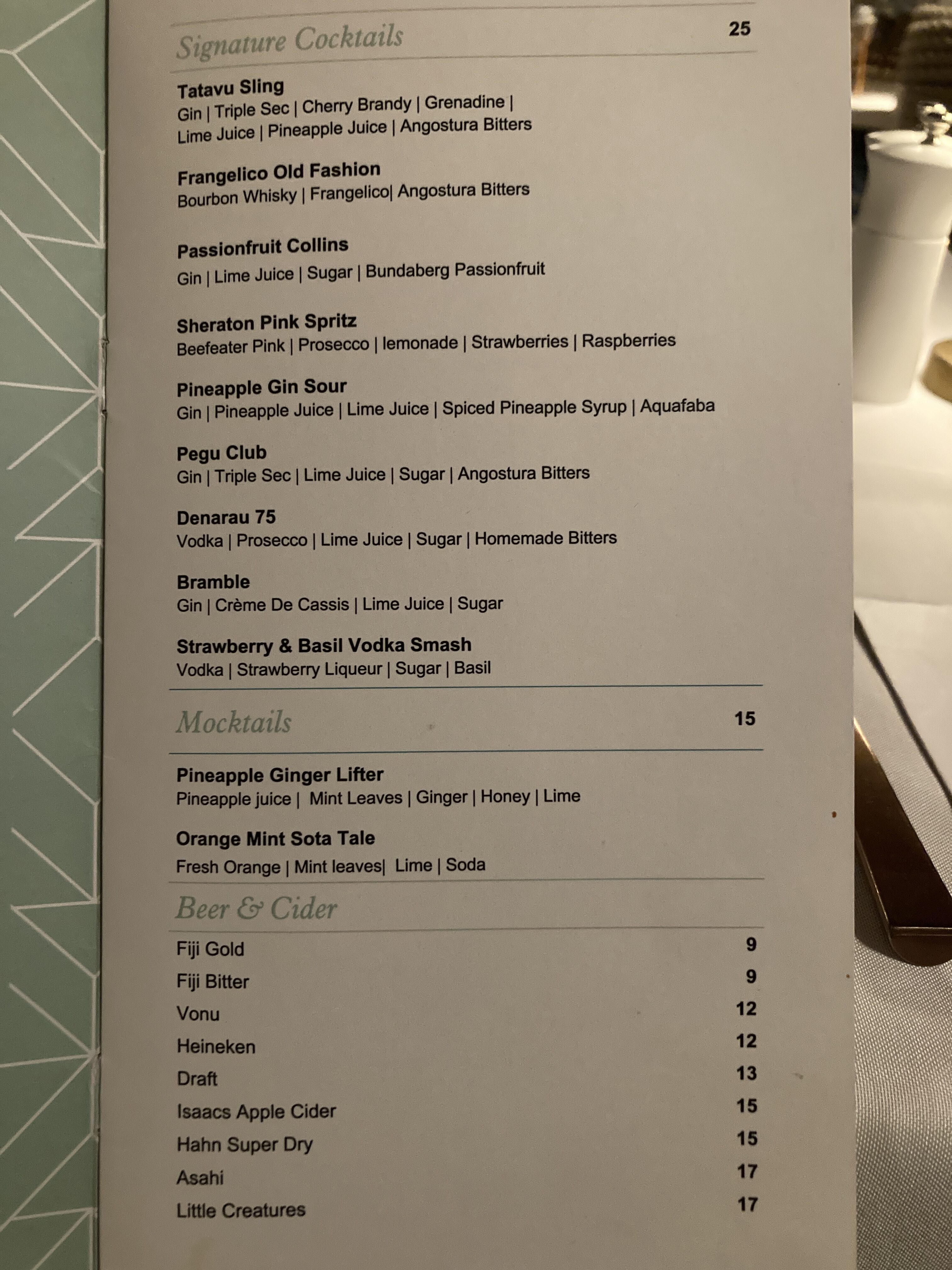 Sheraton Fiji Golf and Beach Resort Tatavu dinner drink menu