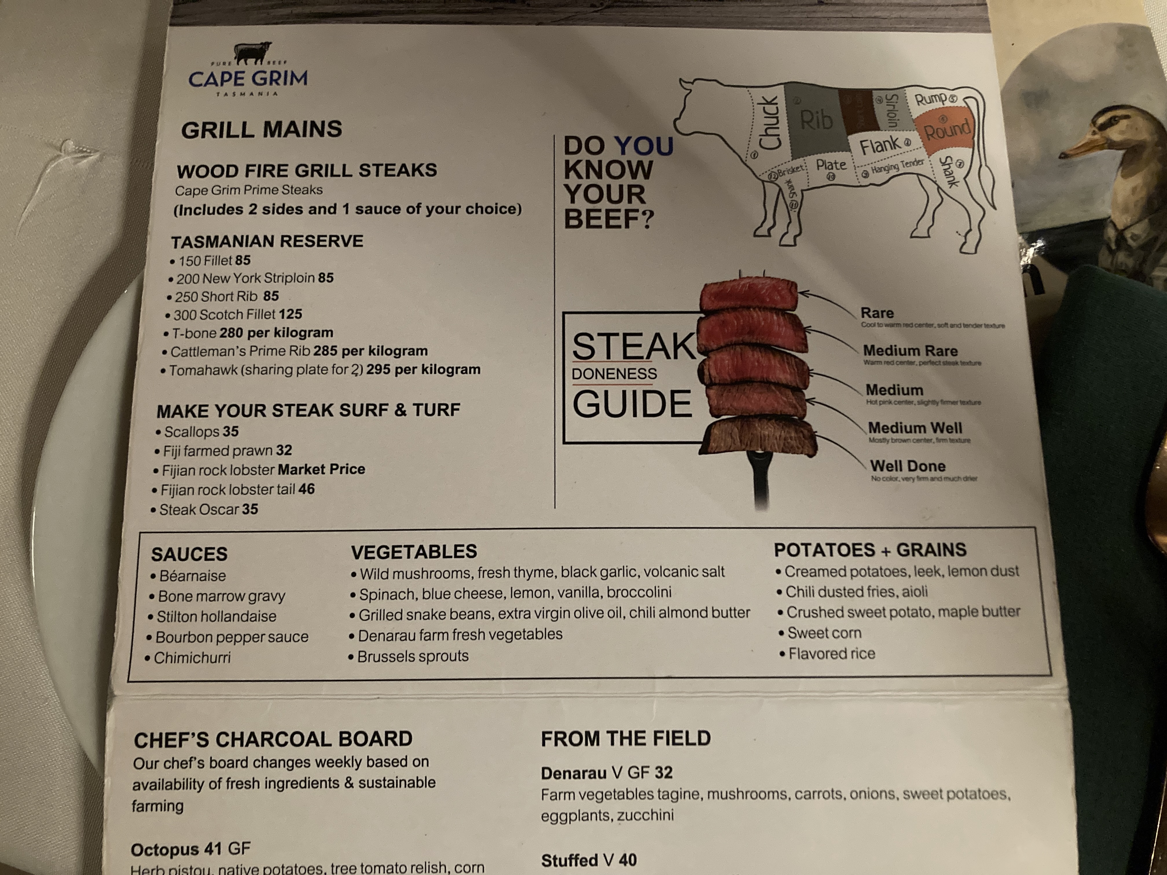 Sheraton Fiji Golf and Beach Resort Tatavu dinner menu from the grill