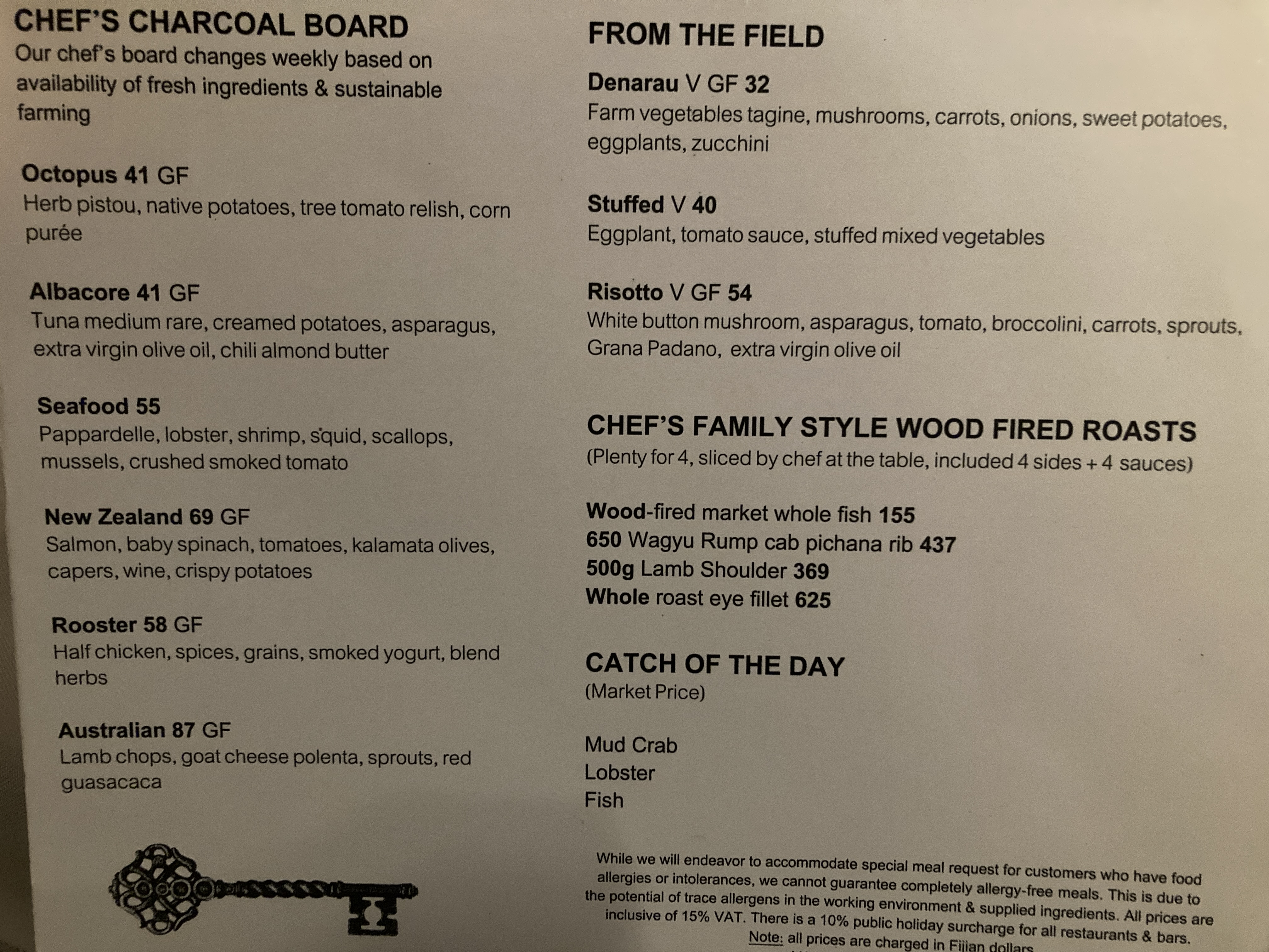 Sheraton Fiji Golf and Beach Resort Tatavu dinner menu salads and seafood