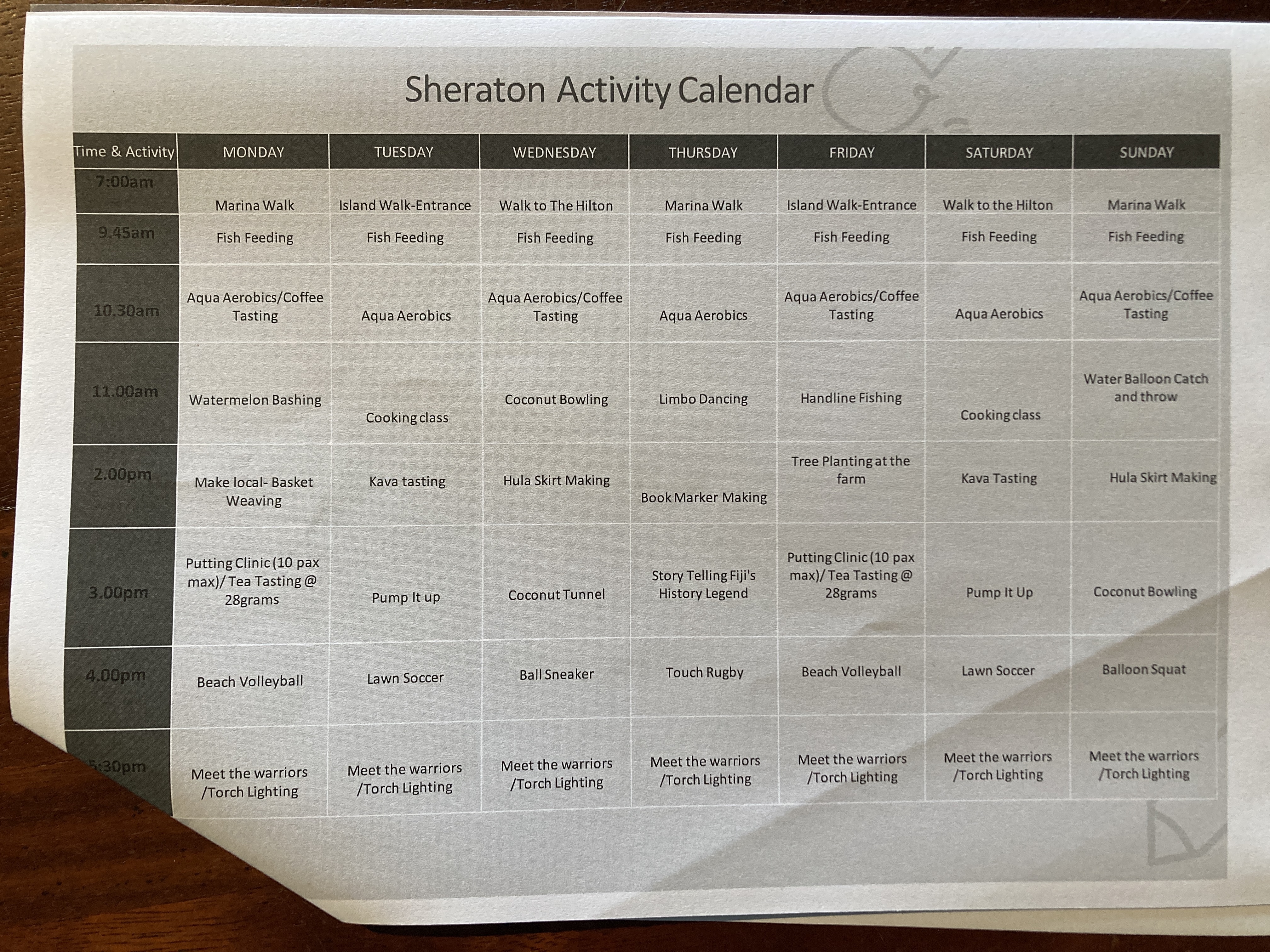 Sheraton Fiji Golf and Beach Resort activity calendar
