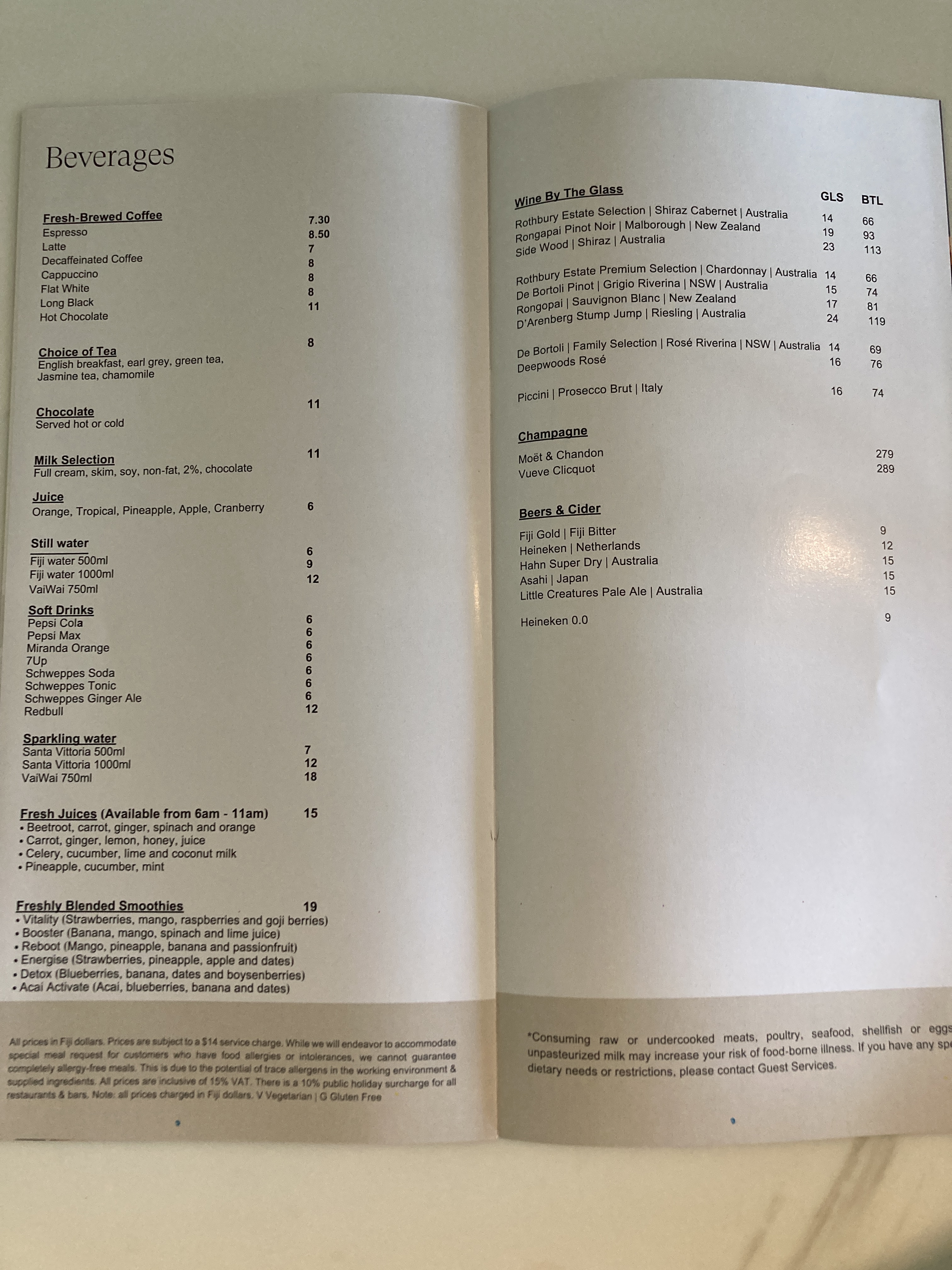 Sheraton Fiji Golf and Beach Resort in room dining drink menu