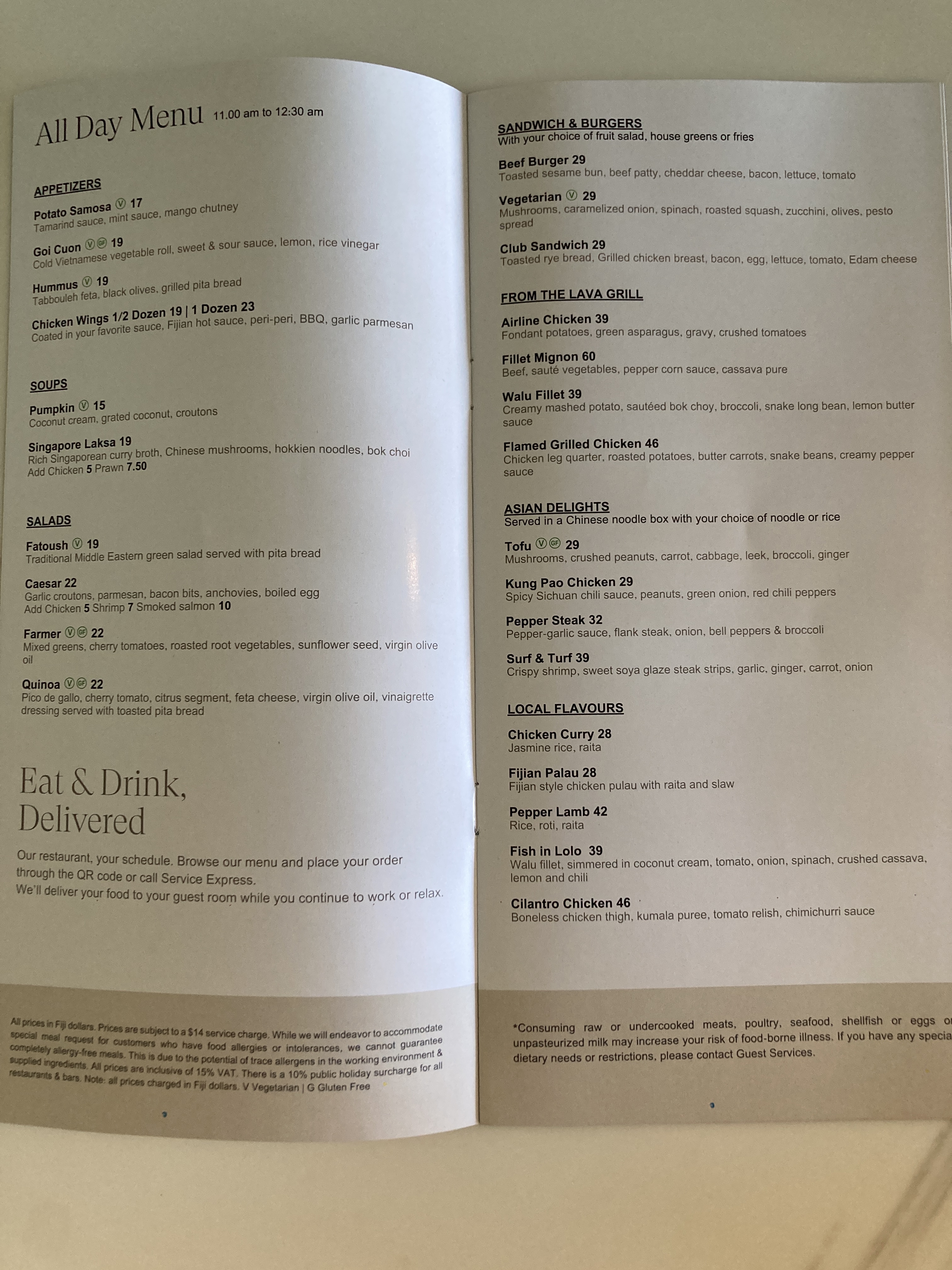 Sheraton Fiji Golf and Beach Resort in room dining menu