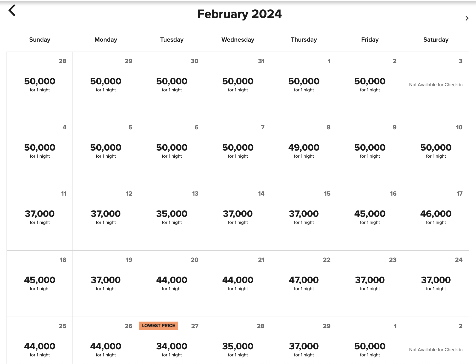 Sheraton Fiji Golf and Beach Resort points pricing calendar