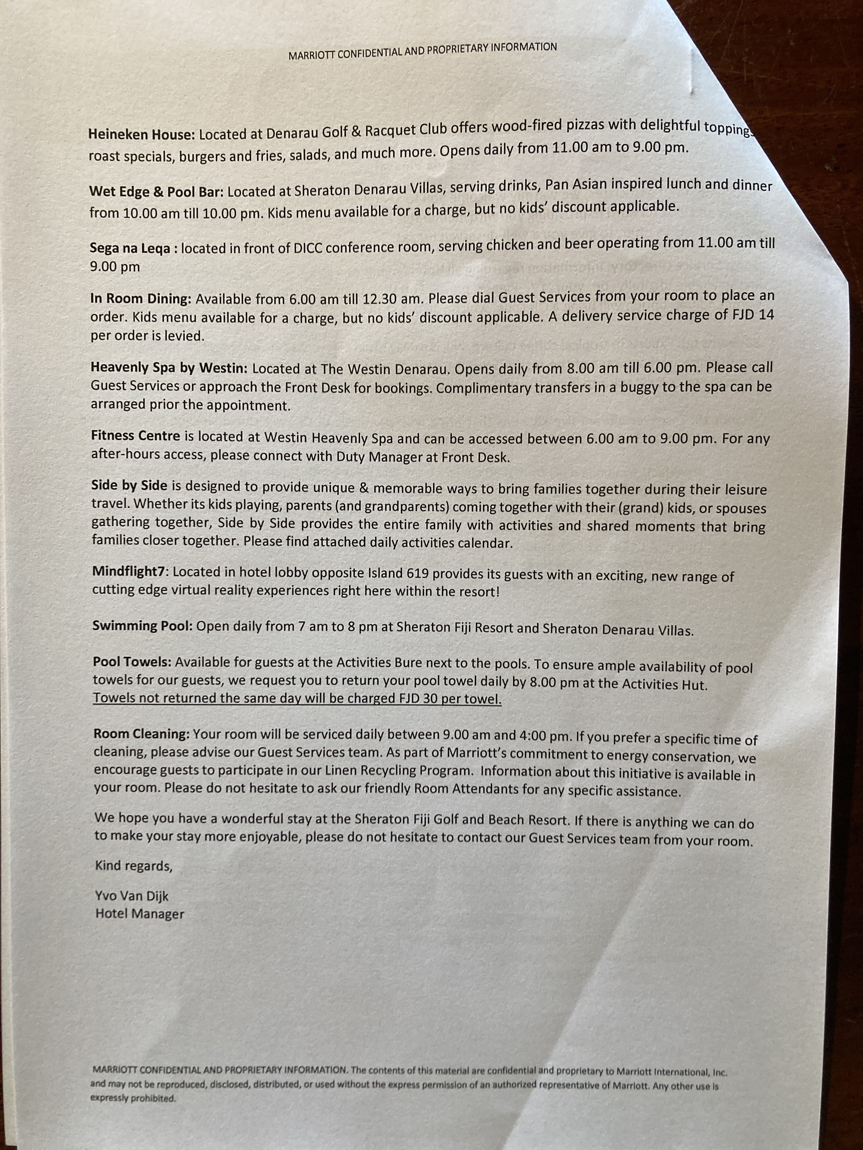 Sheraton Fiji Golf and Beach Resort welcome letter dining information