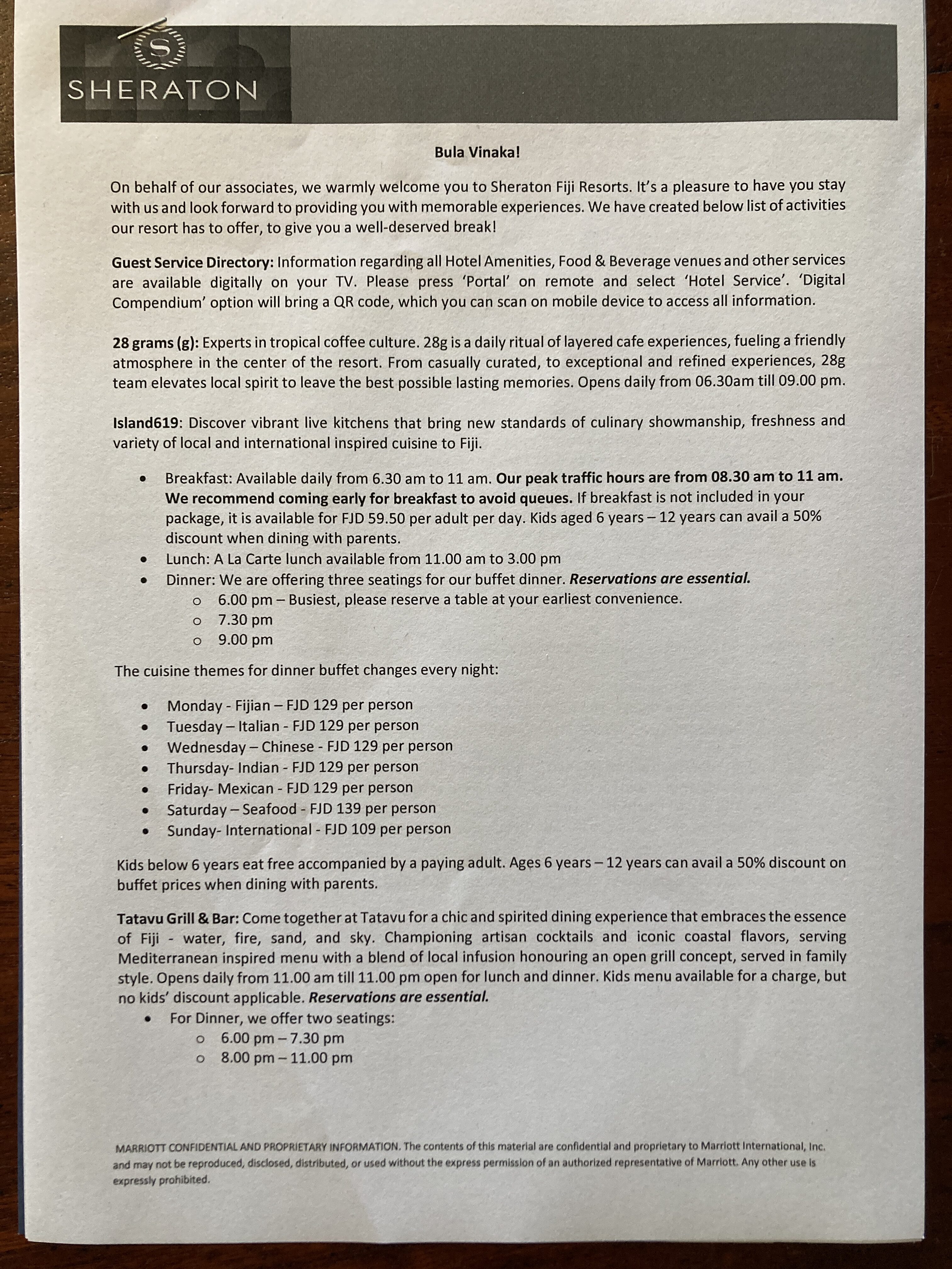 Sheraton Fiji Golf and Beach Resort welcome letter