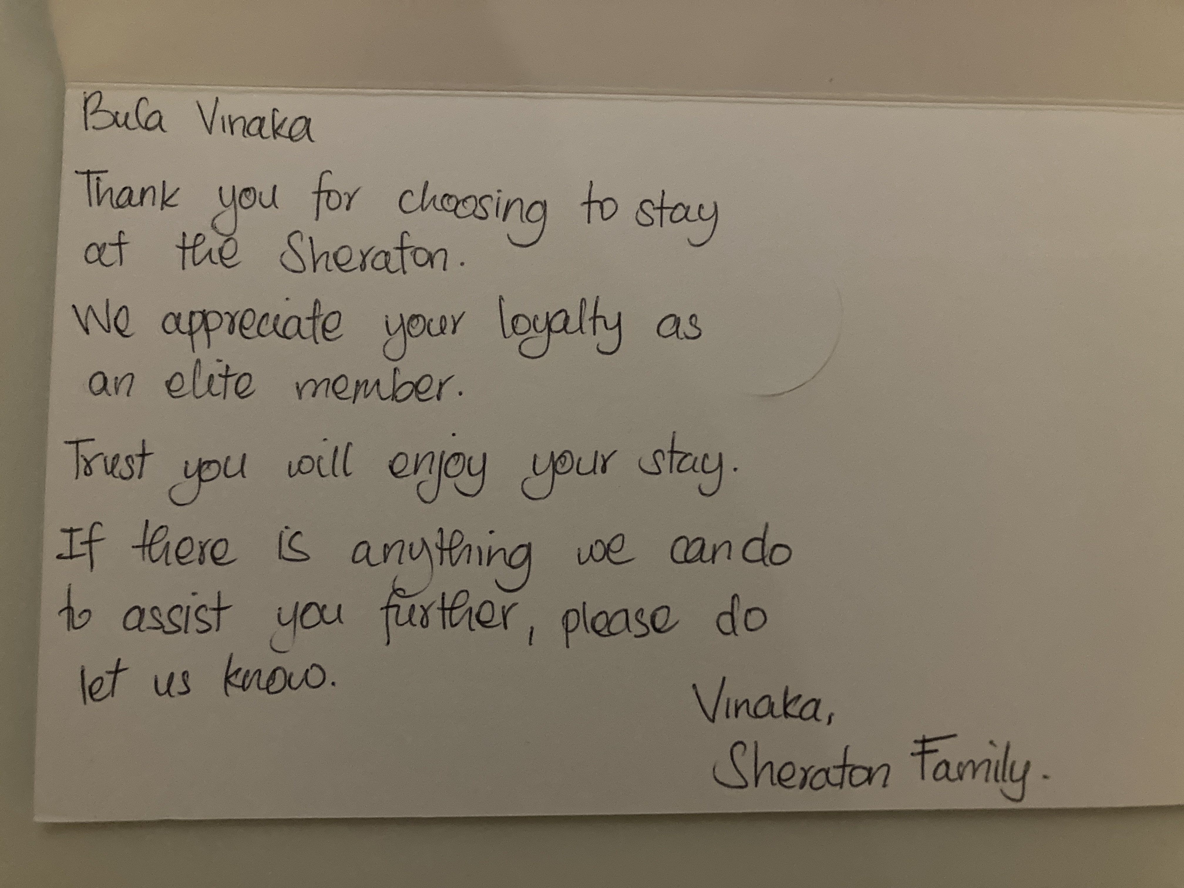 Sheraton Fiji Golf and Beach Resort welcome note in room