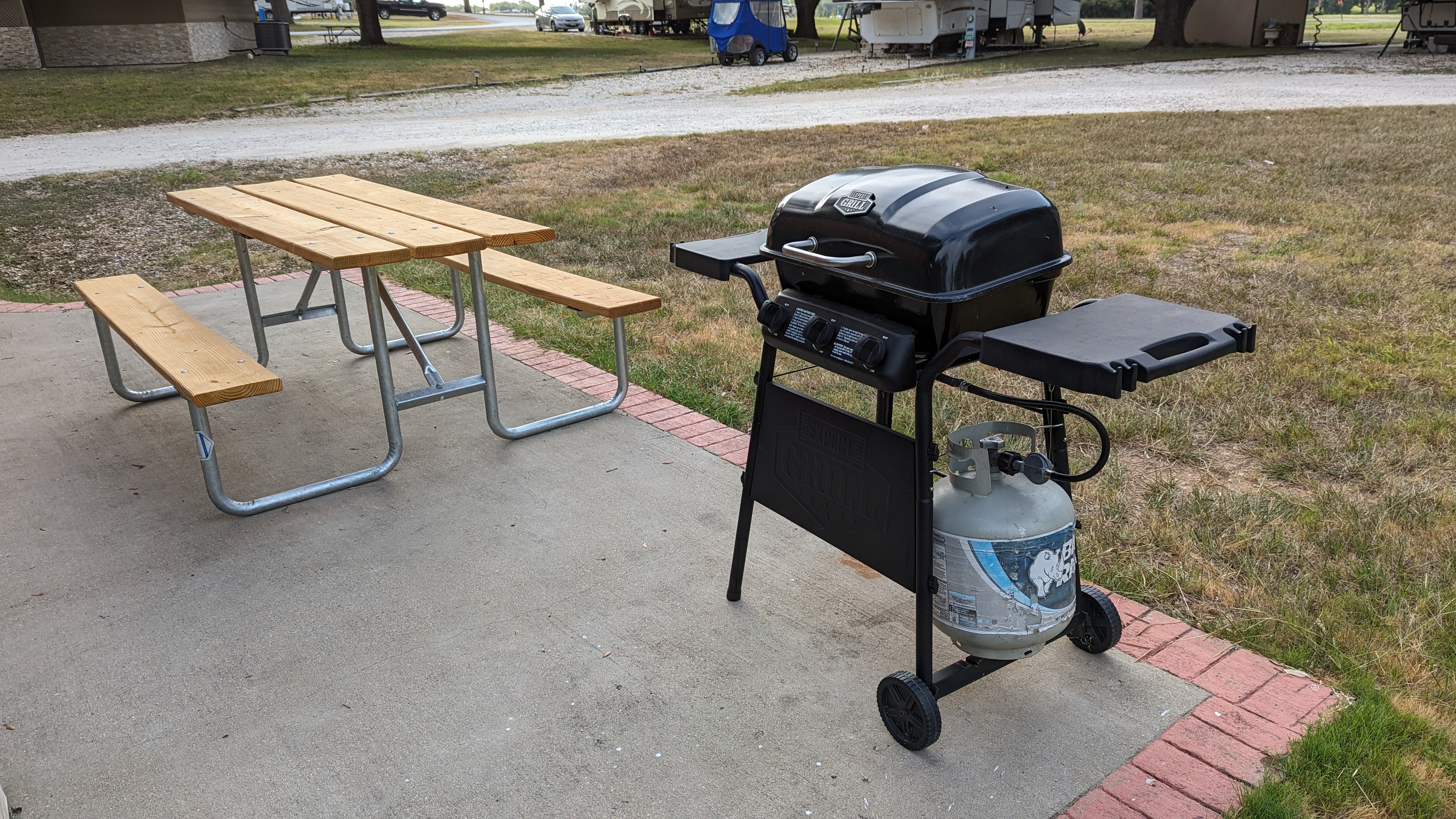 Thousand Trails Colorado River cabin outdoor porch with picnic table and propane grill Thousand Trails Colorado River cabin outdoor porch with picnic table and propane grill