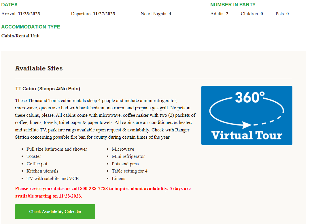 Thousand Trails booking unavailable