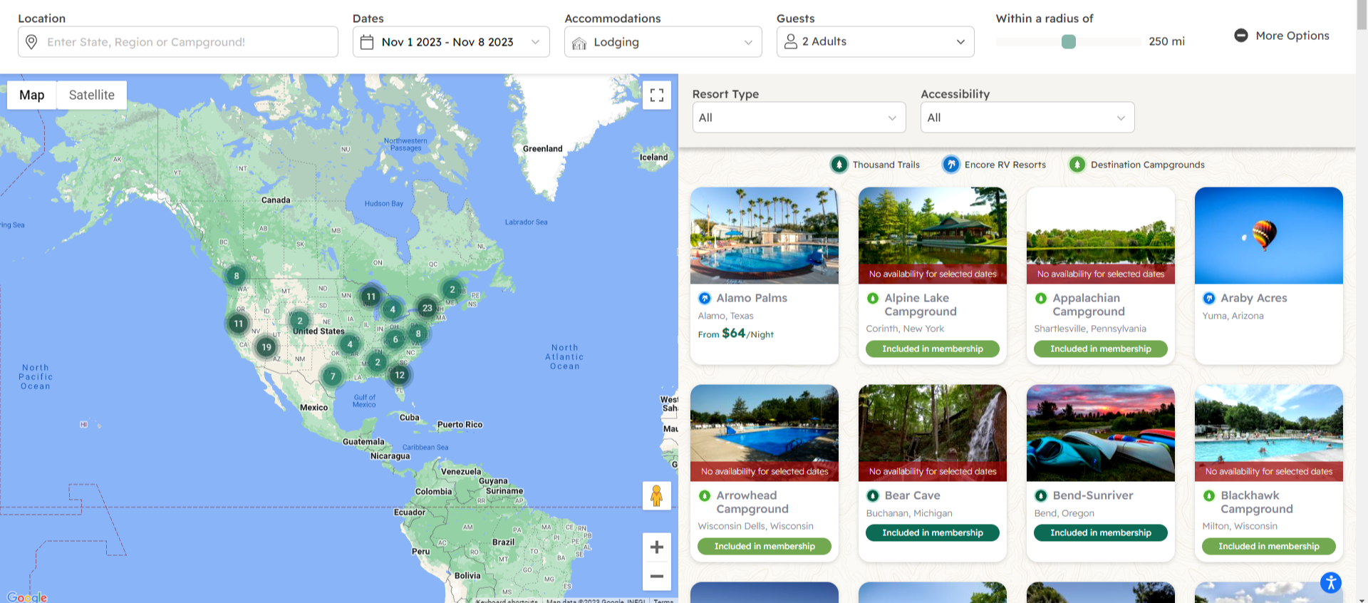 Thousand Trails online reservations available cabin pass locations
