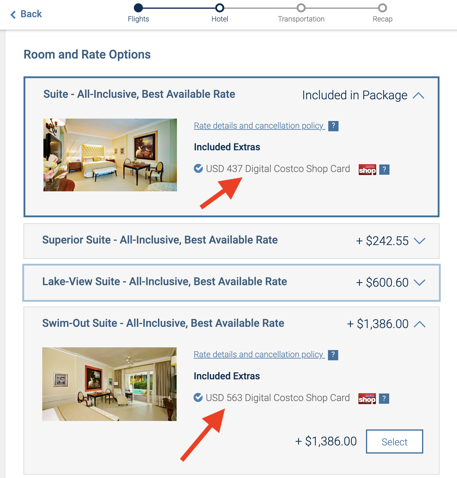 Upgrading hotel room on a Costco travel package