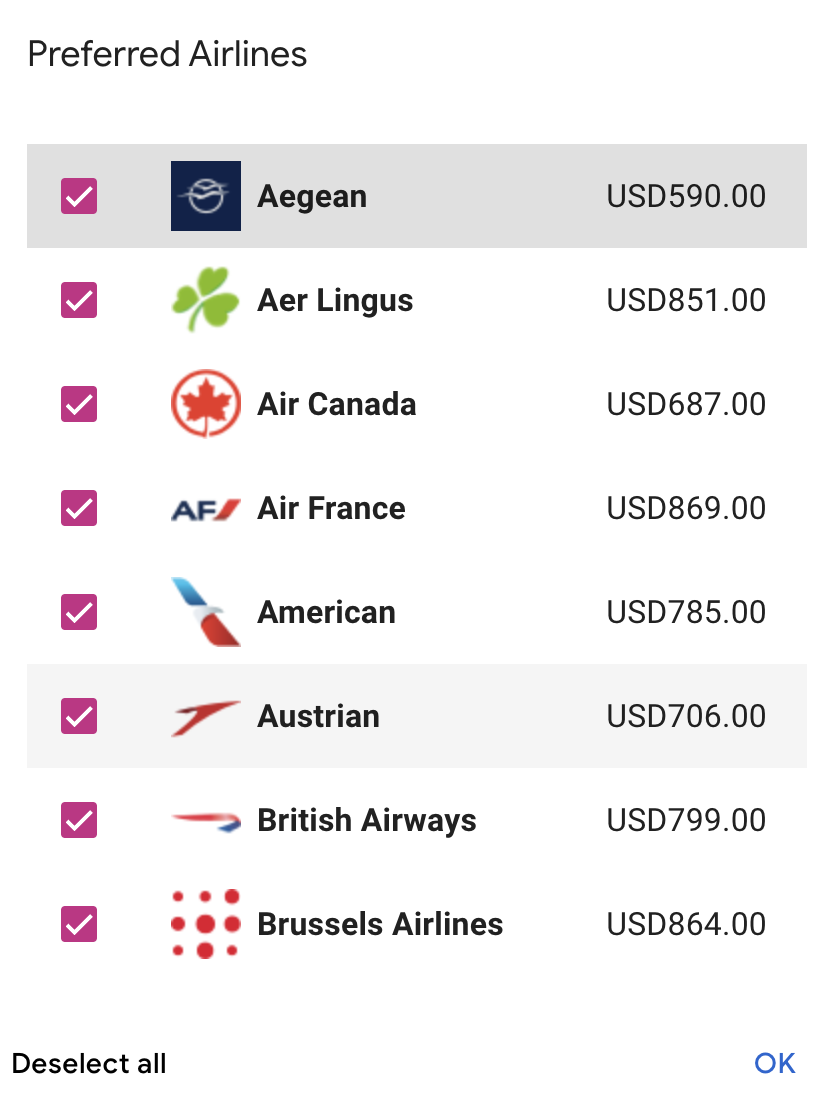 airline filter ITA Matrix