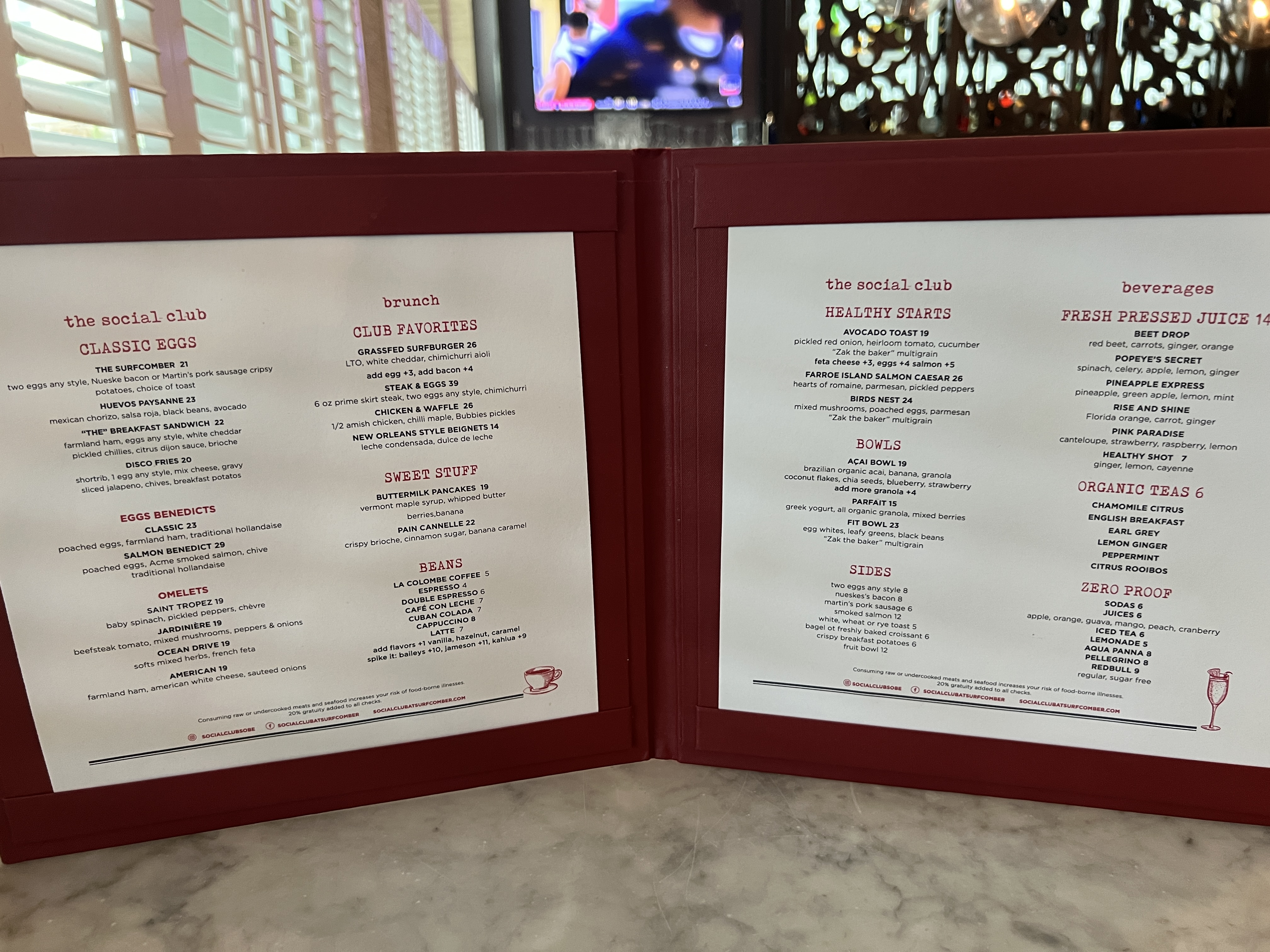 Kimpton Surfcomber The Social Club breakfast menu