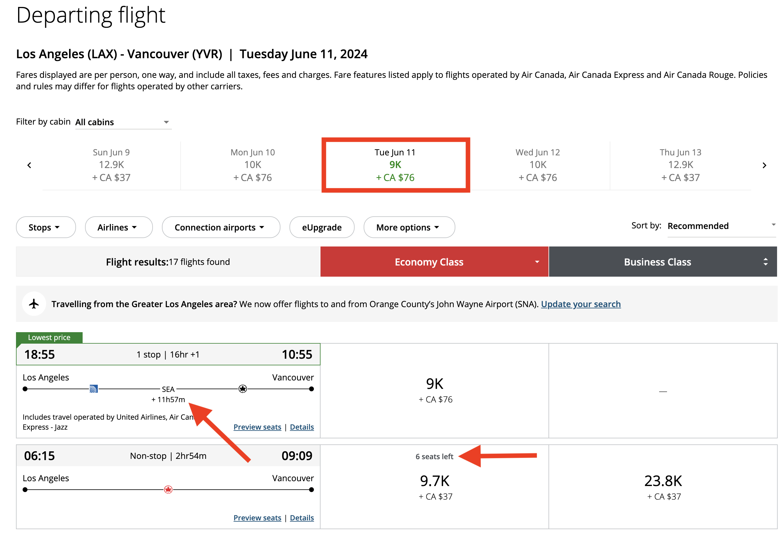 Air Canada award 9k with long layover