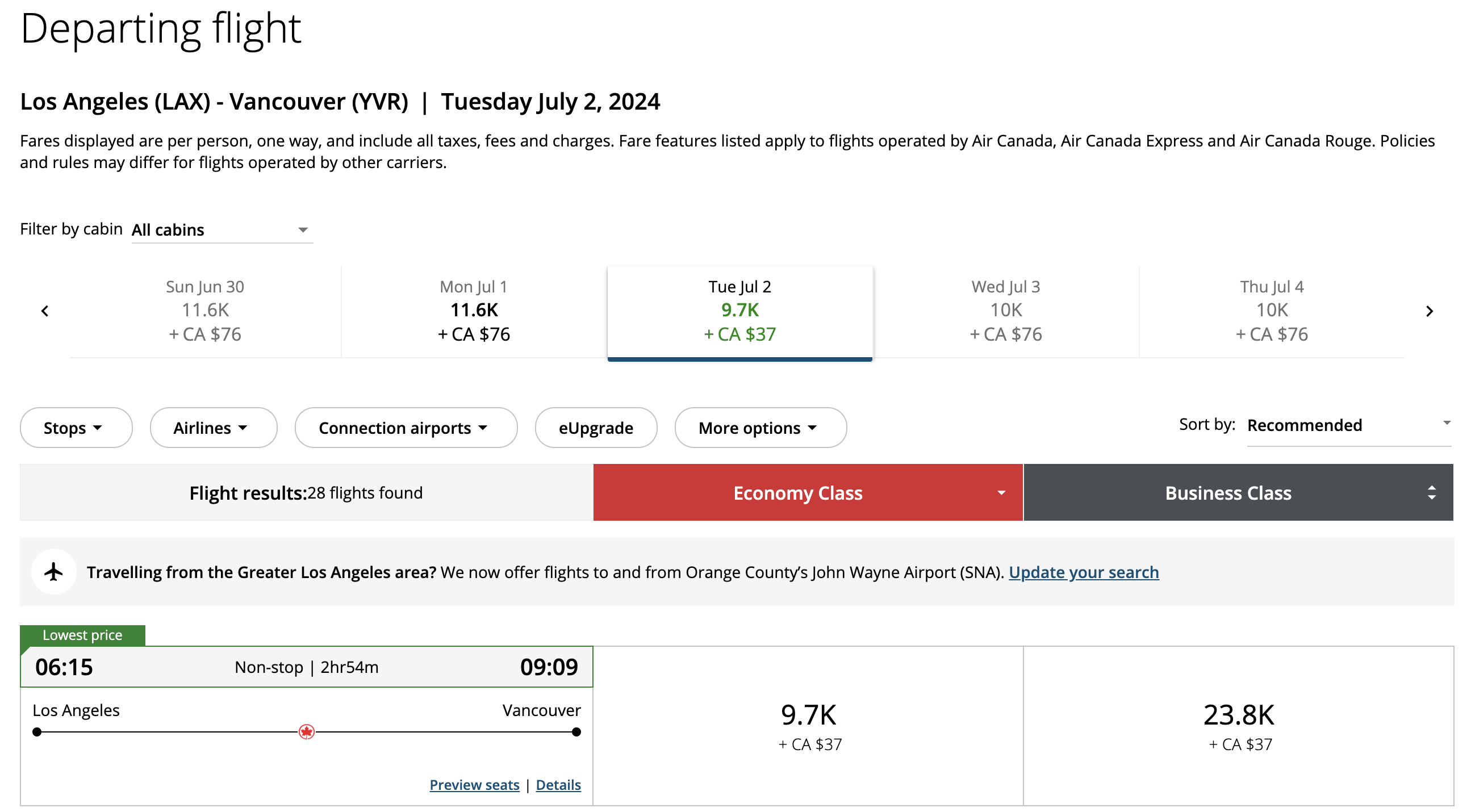 Air Canada award summer 2024