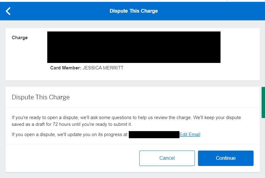 Amex Platinum card dispute confirmation