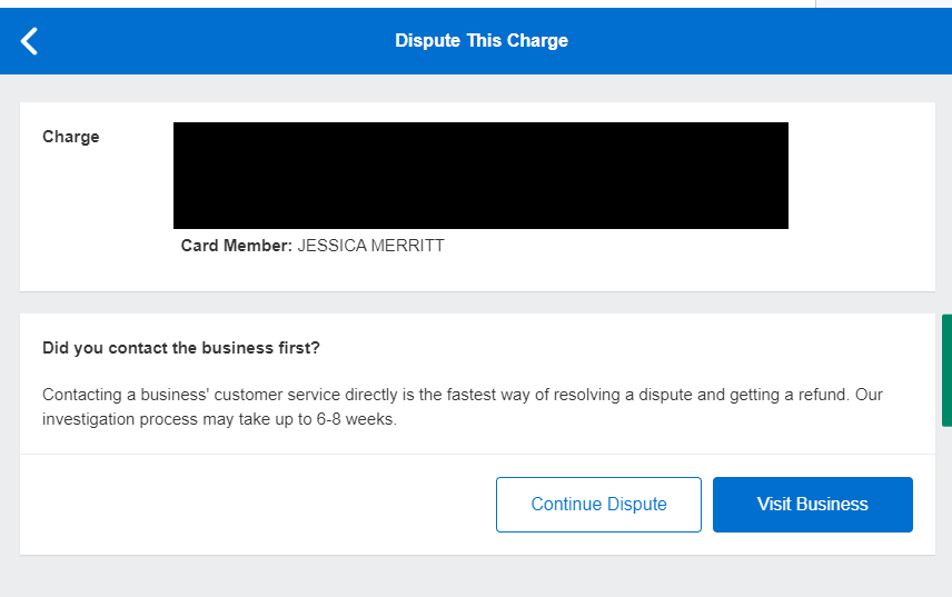 Amex Platinum card dispute initial screen merchant contact