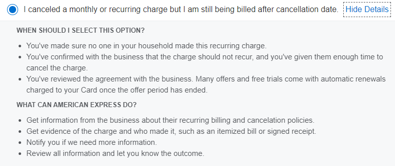 Amex Platinum card dispute reasons show more