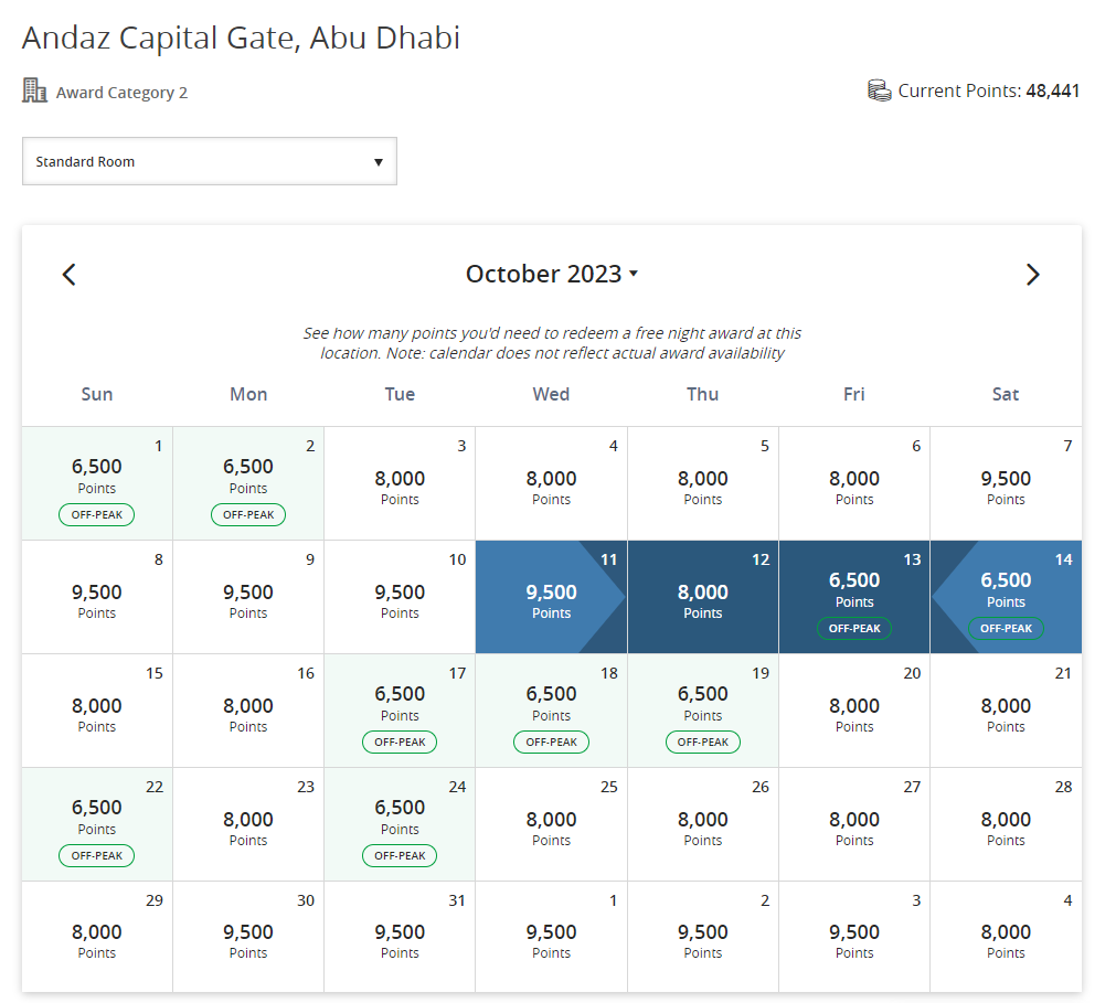 Andaz Capital Gate Abu Dhabi points calendar