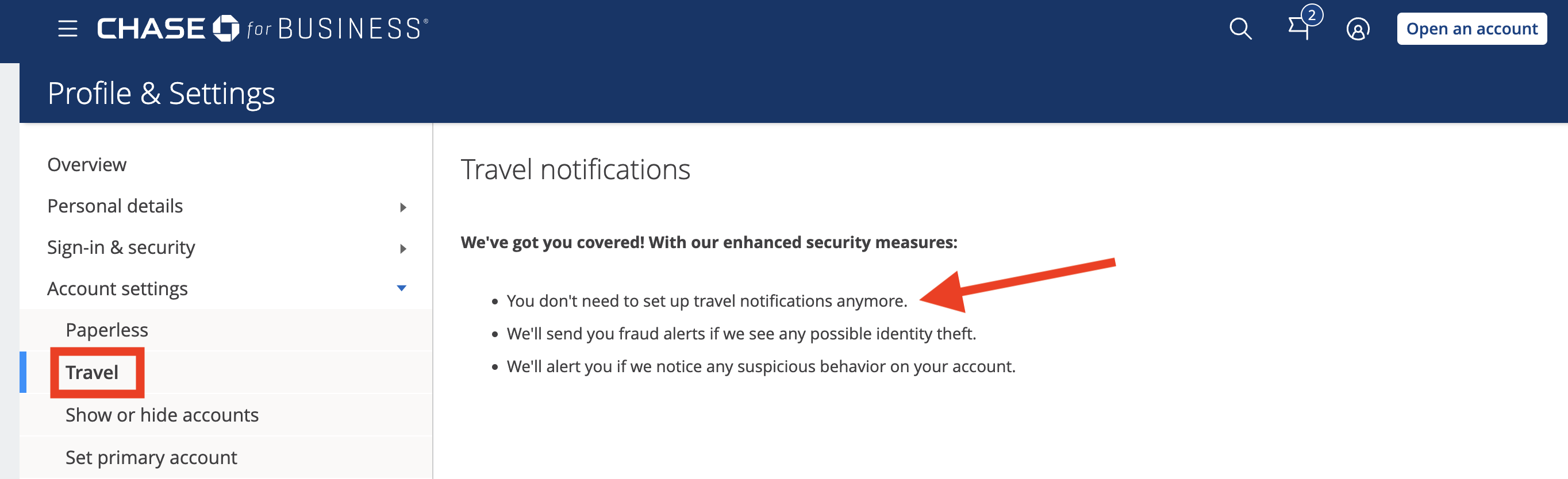 Chase travel alert notification