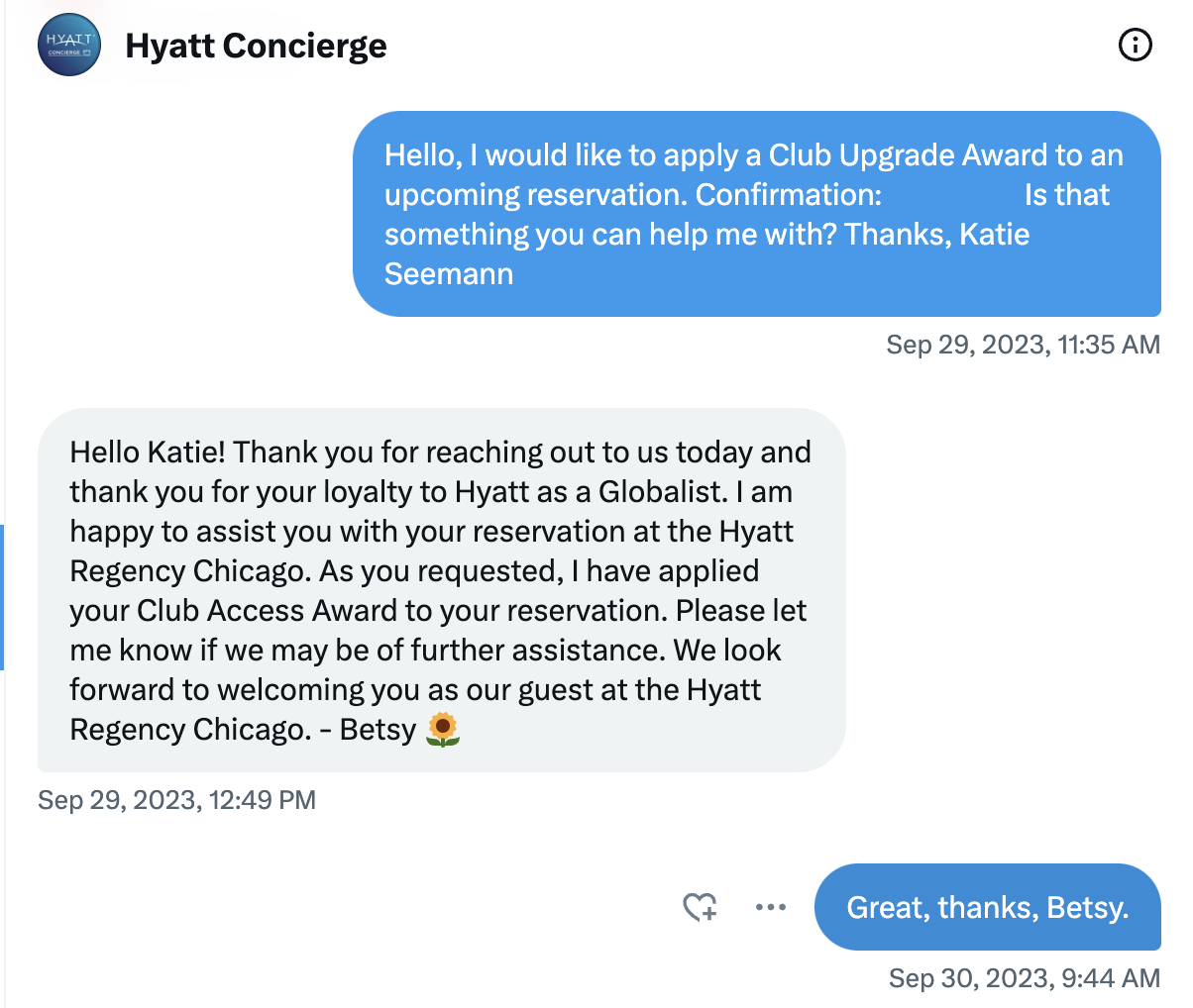 Contacting Hyatt via Twitter
