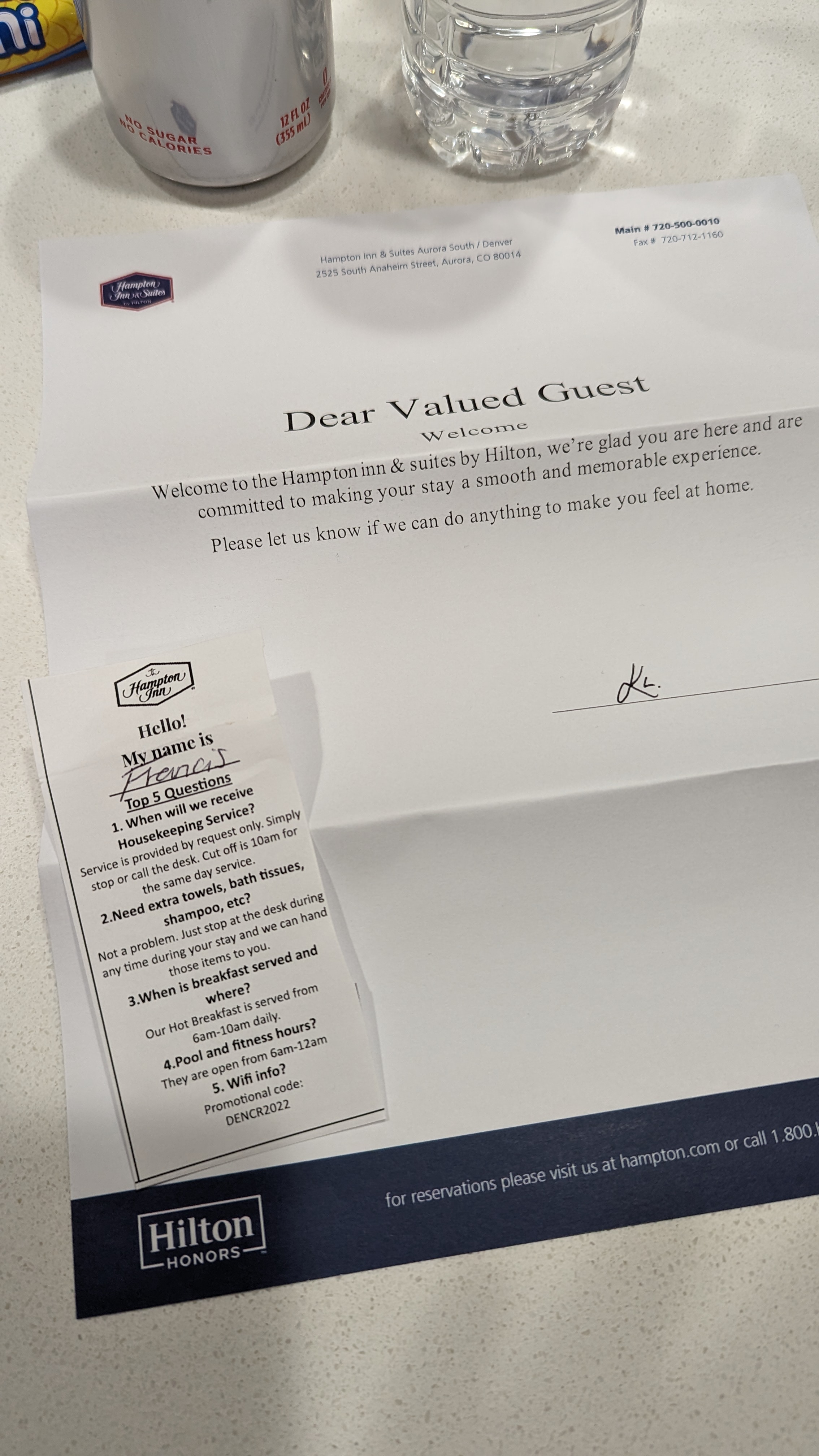 Hampton Inn and Suites Aurora South Denver room welcome letter