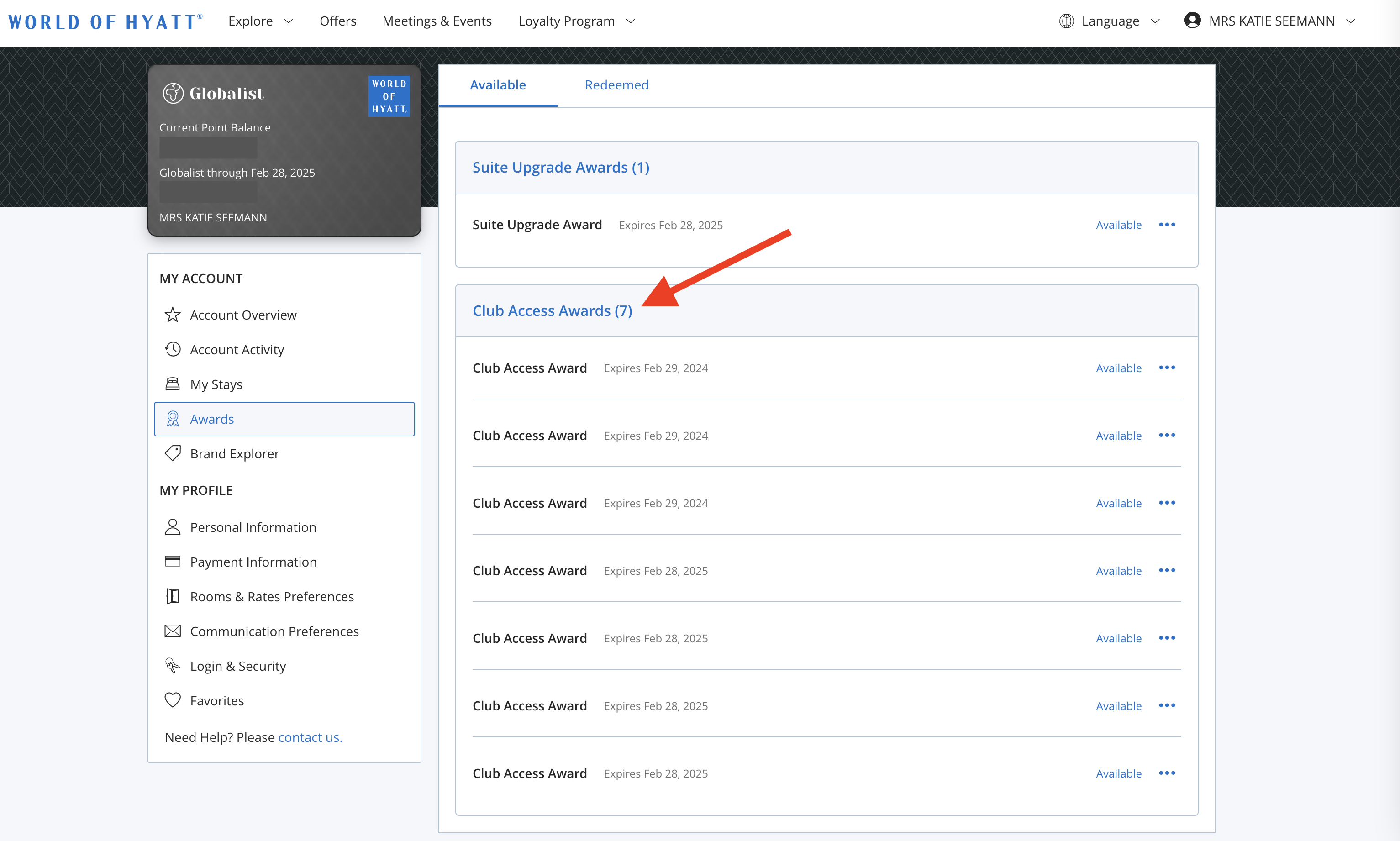 How to find Hyatt club access awards
