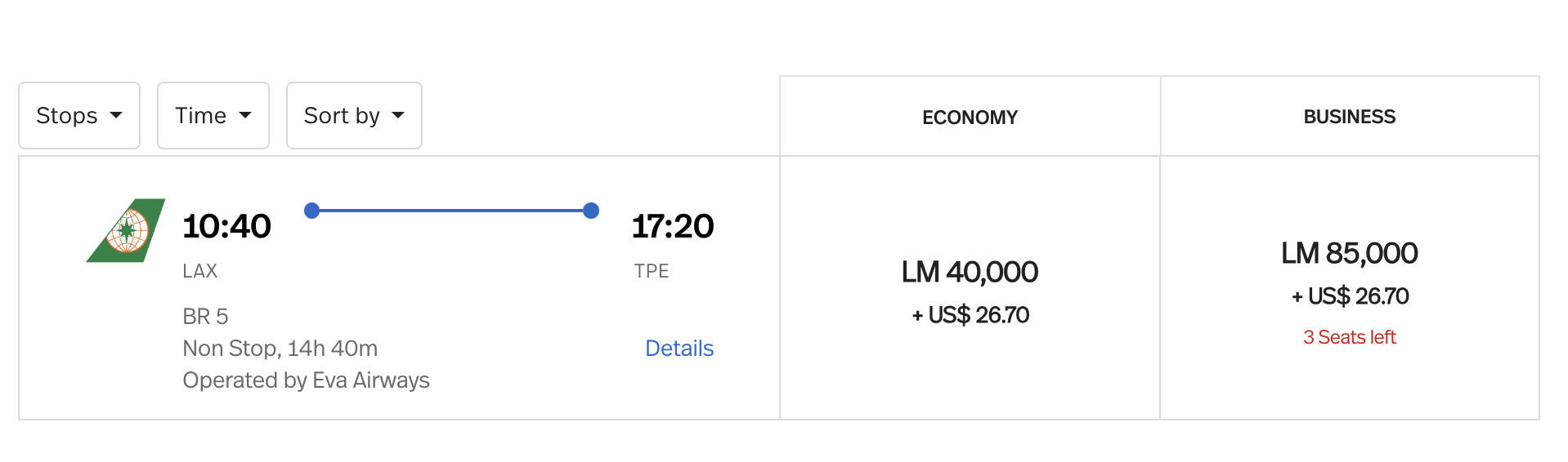 Lifemiles redemption example LAX TPE EVA Air