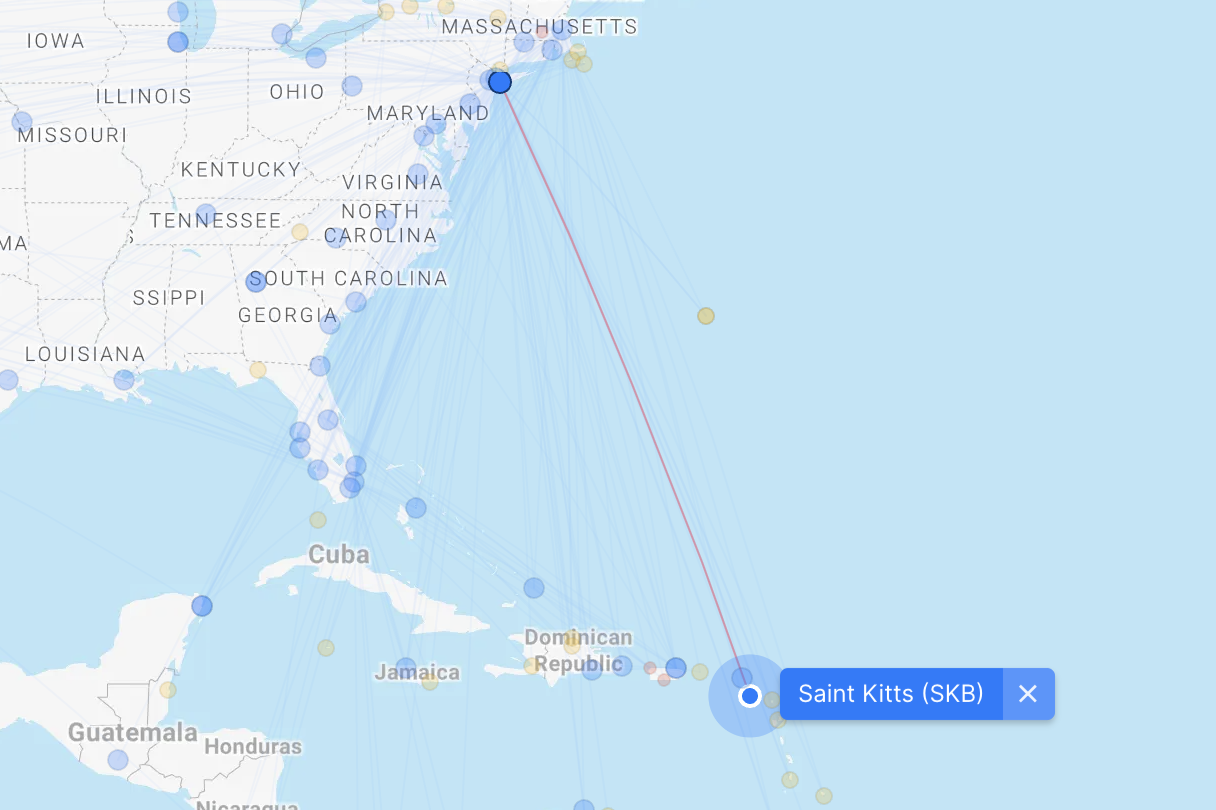 Map of new JetBlue service from JFK to St Kitts and Nevis