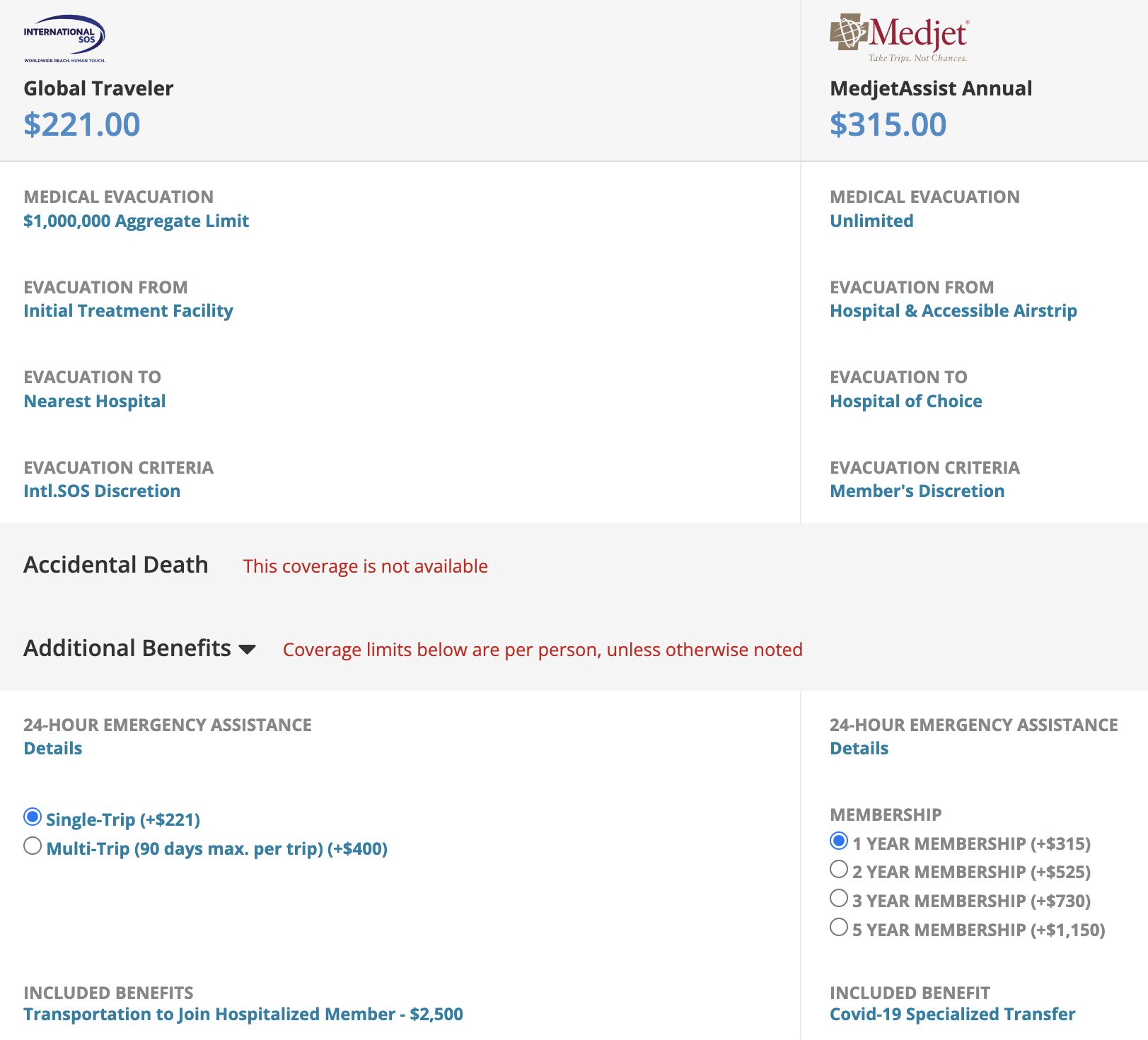 Medjet vs Global Traveler comparison from InsureMyTrip