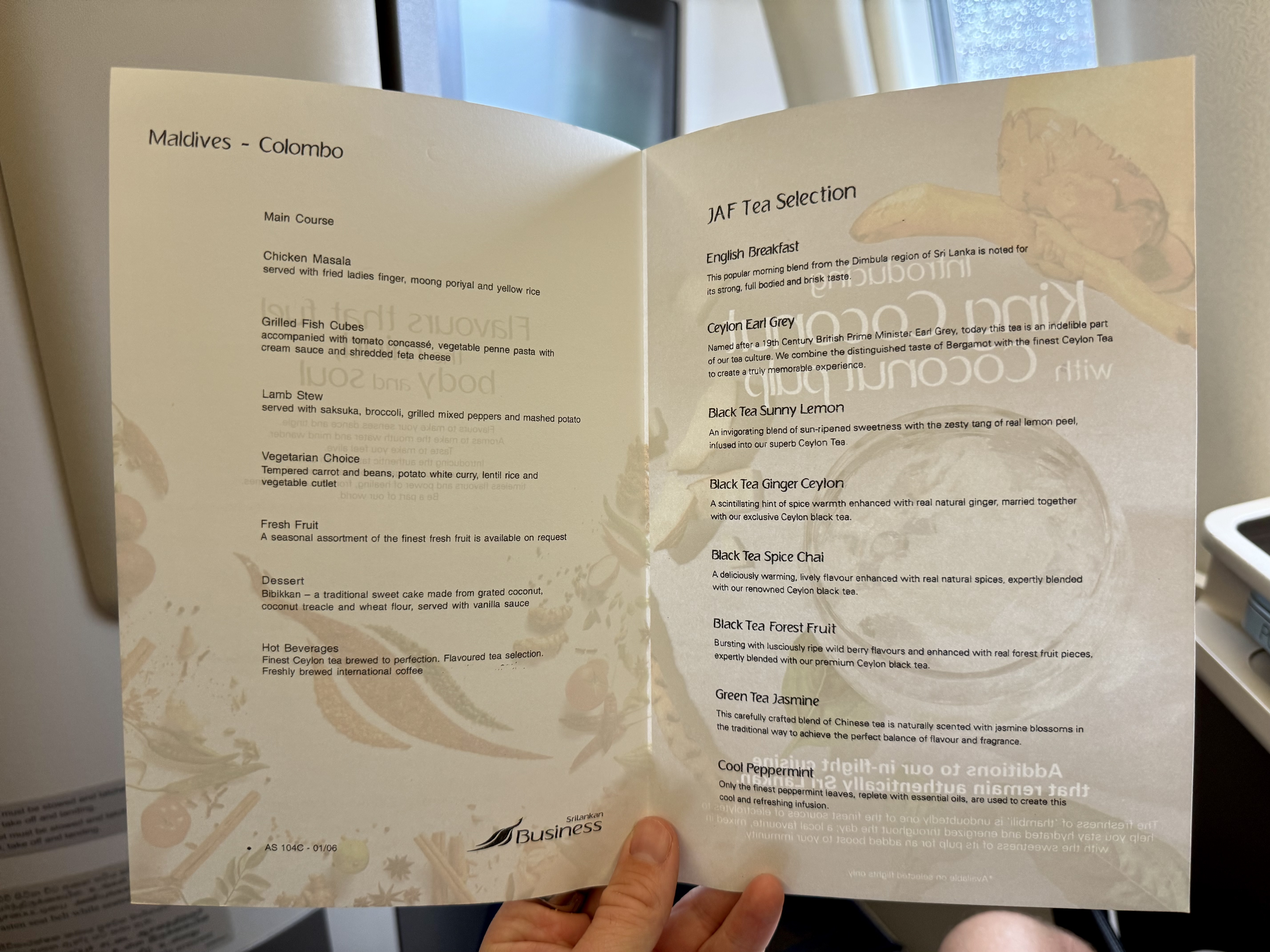 Sri Lankan A330 business class menu