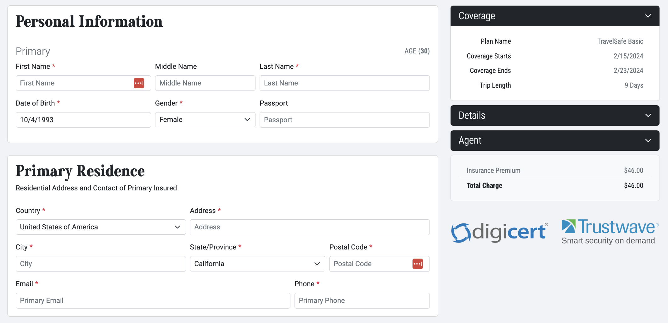 TravelSafe checkout page