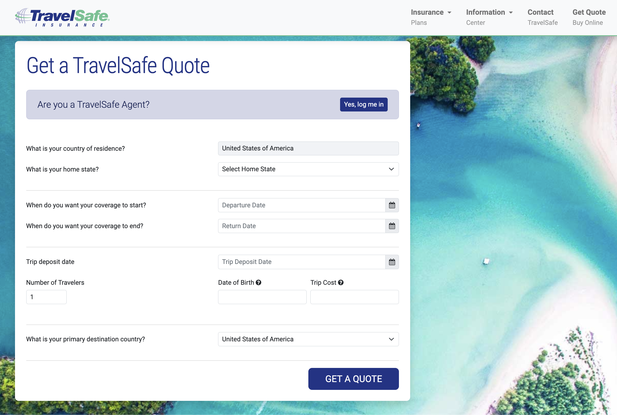 Travelsafe insurance get a quote page