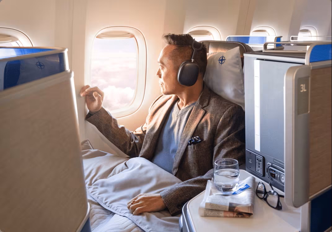 United Polaris passenger looking out of window