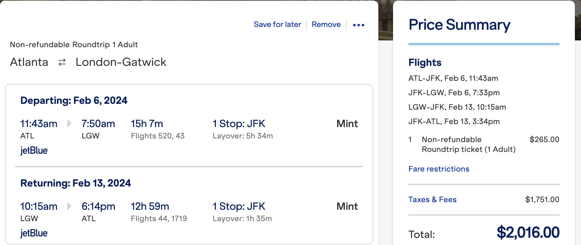ATL LGW in JetBlue Mint ATL LGW in JetBlue Mint