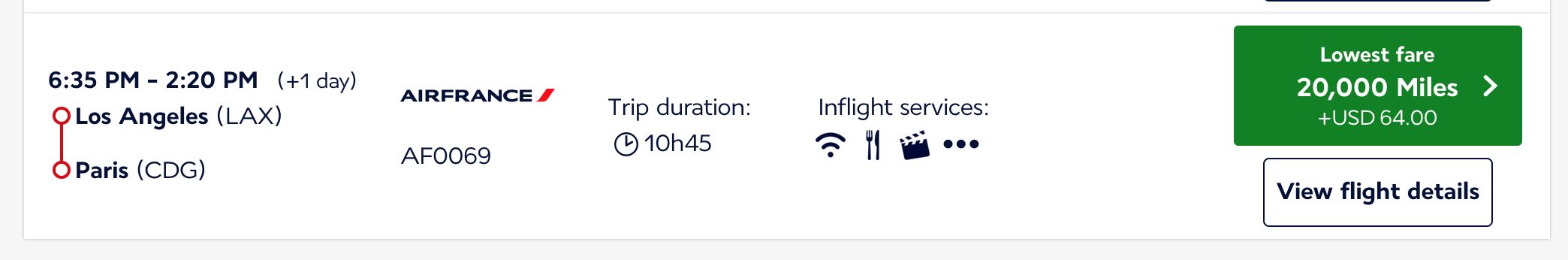 Air France Flying Blue LAX to CDG Jan 2024 flight selection screen