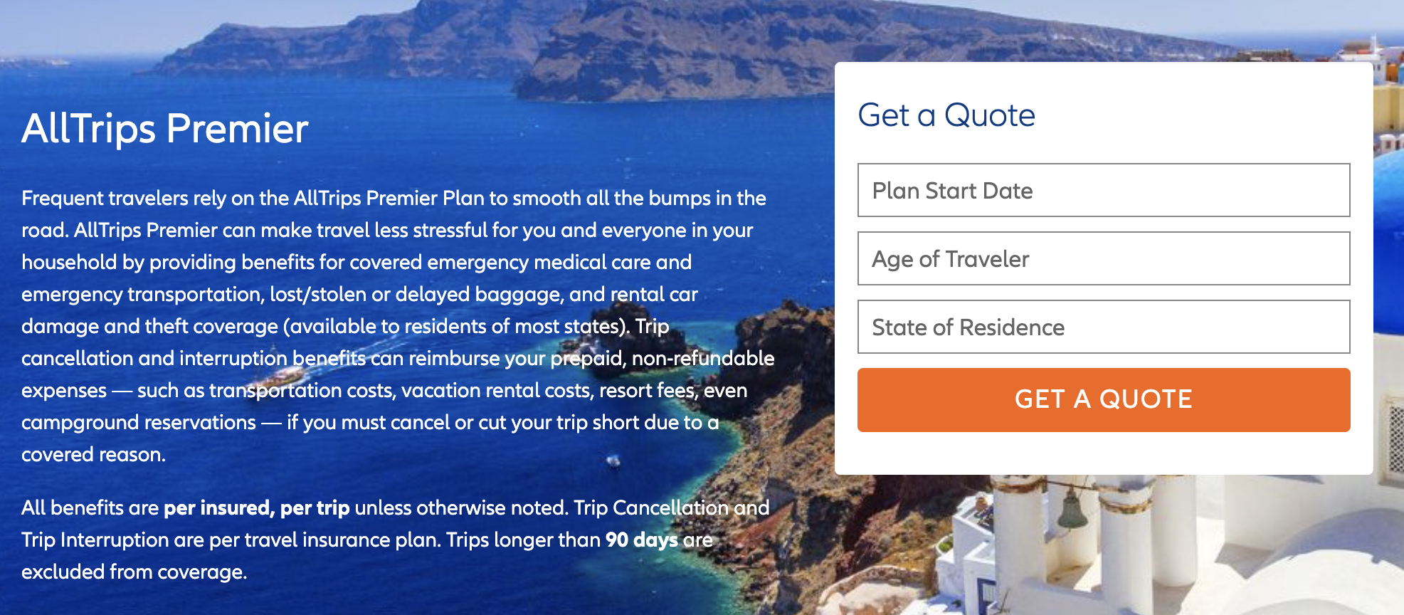 Allianz AllTrips Premier start quote page Allianz AllTrips Premier start quote page