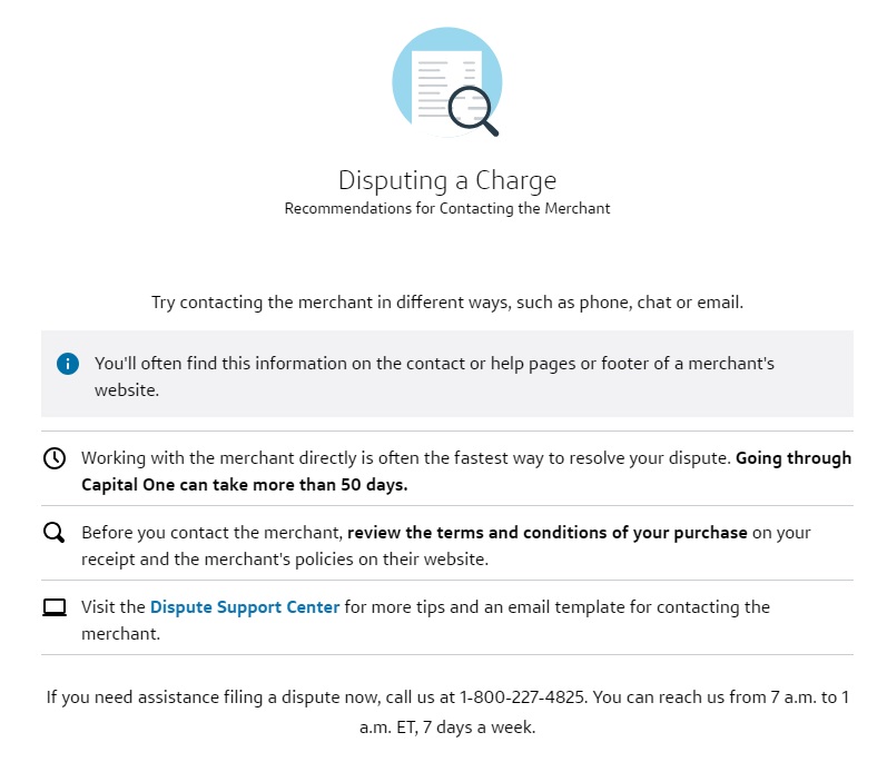 Capital One dispute process contact the merchant recommendation