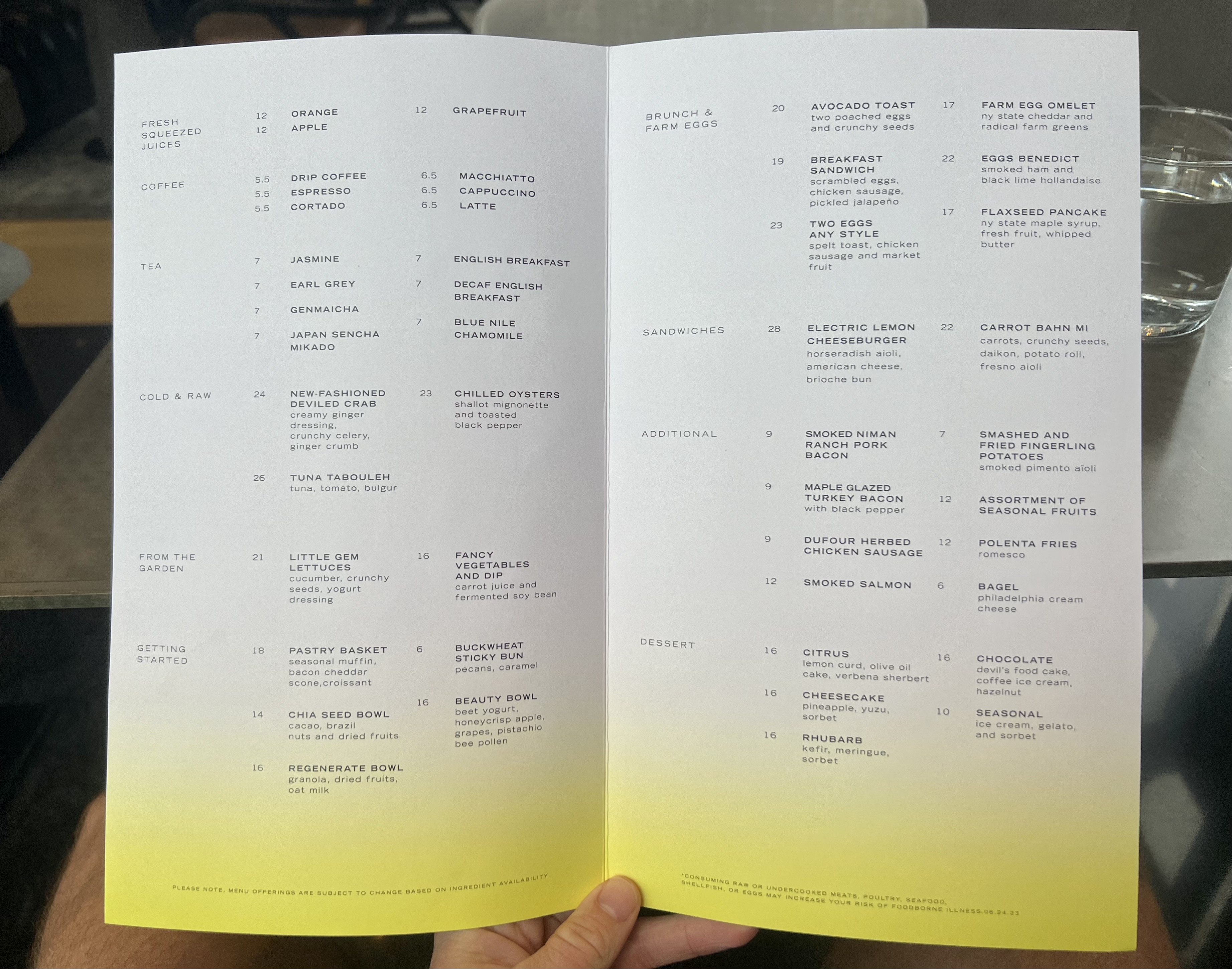 Equinox Hotel NYC Electric Lemon breakfast menu