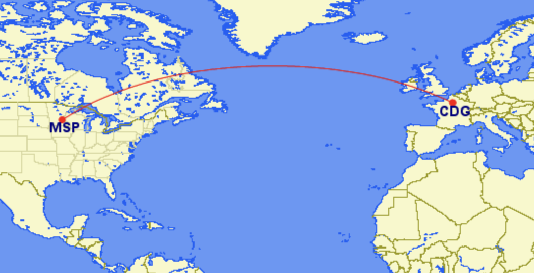 Minneapolis to Paris Route Map 1
