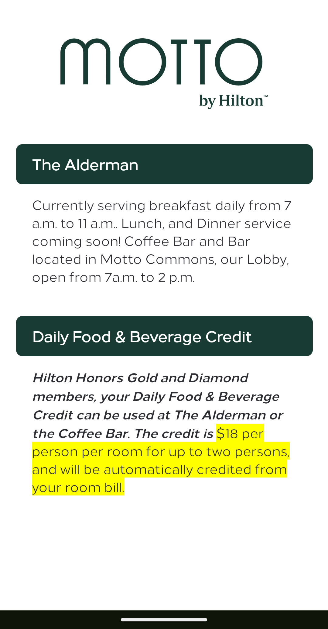 Motto by Hilton New York City Times Square information page food and beverage