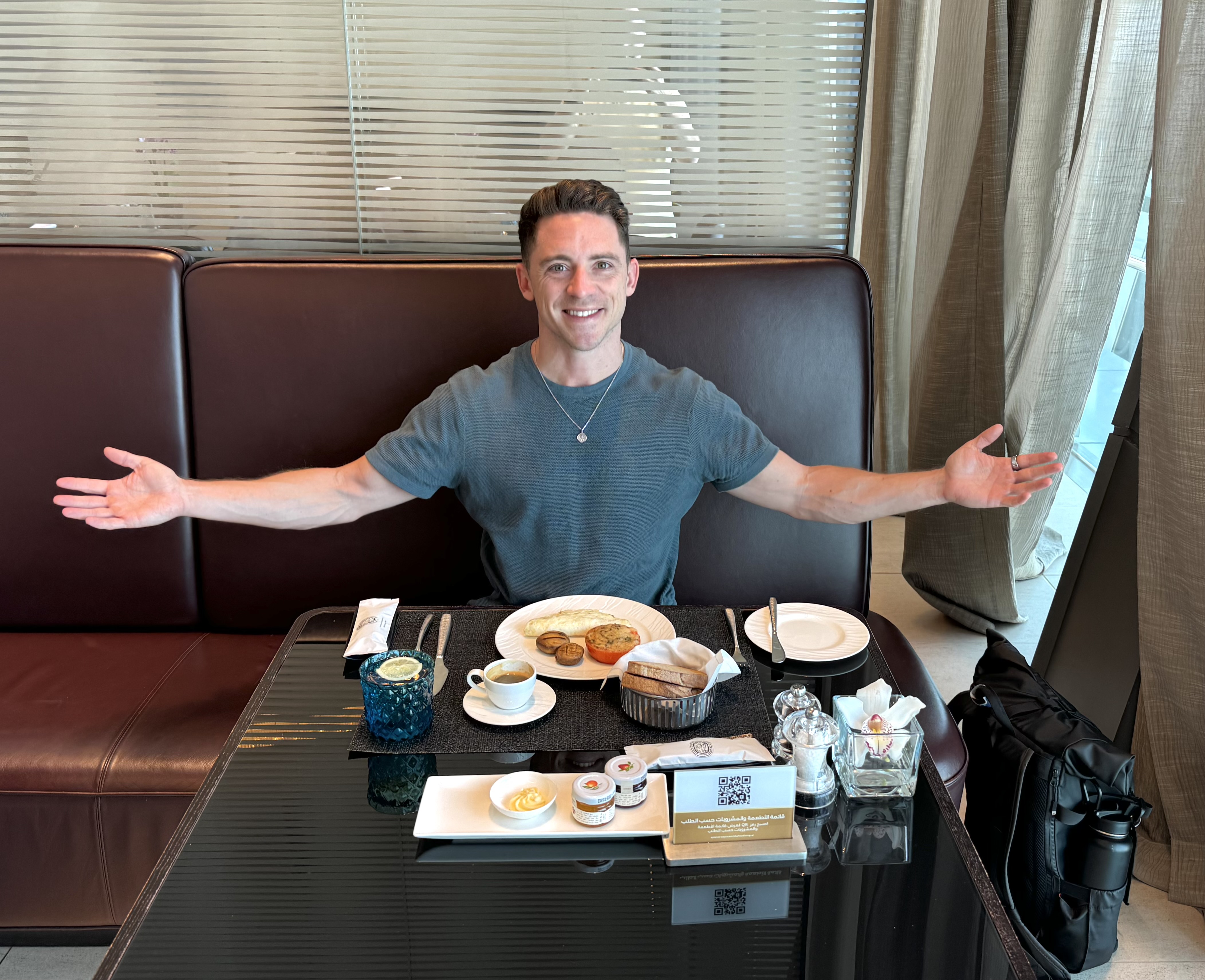 Qatar Airways Al Safwa Lounge Doha breakfast smiles