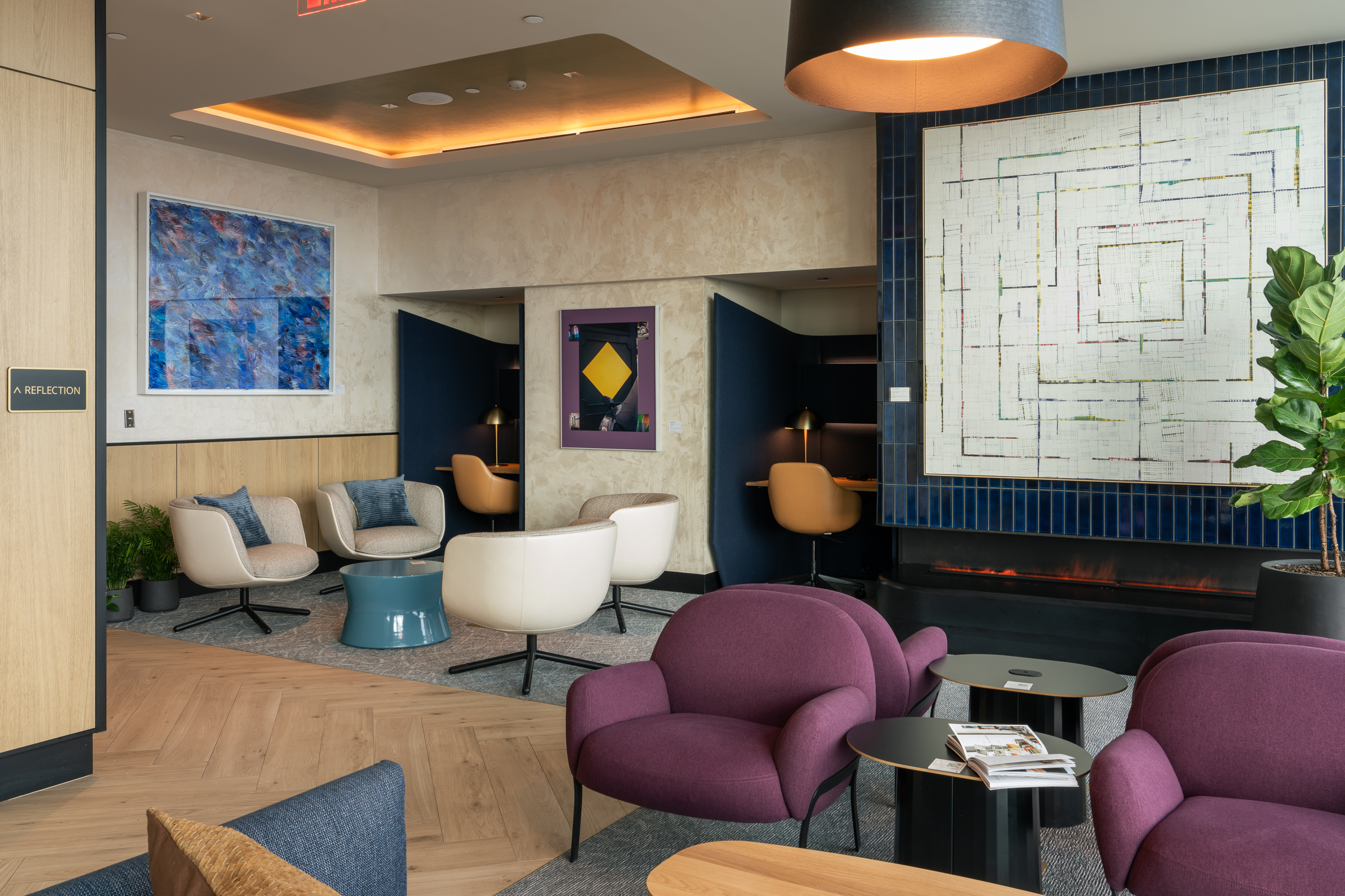 Chase Sapphire Lounge JFK purple white seating Chase Sapphire Lounge JFK purple white seating