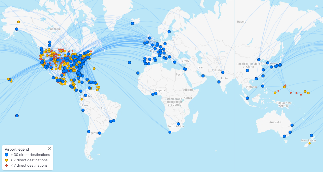 United Airlines flight routes from Flight Connections FlightConnections map United