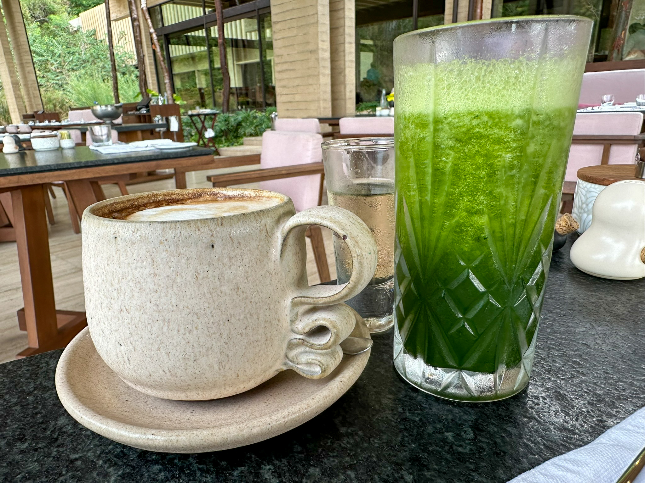 Four Seasons Tamarindo Coyul cappuccino and green juice Four Seasons Tamarindo Coyul cappuccino and green juice