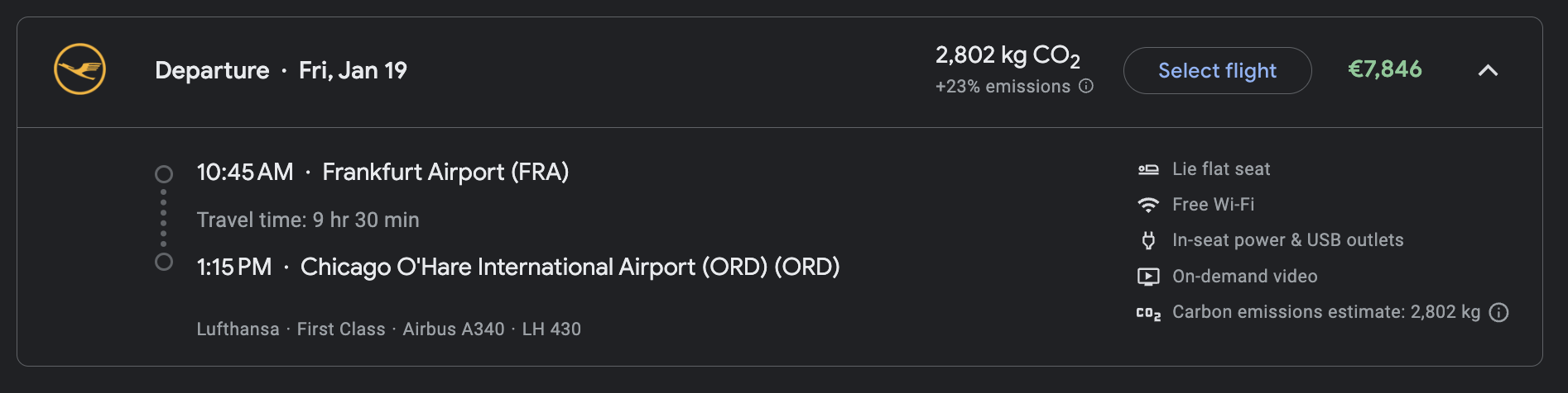 Google flights LH F FRA ORD
