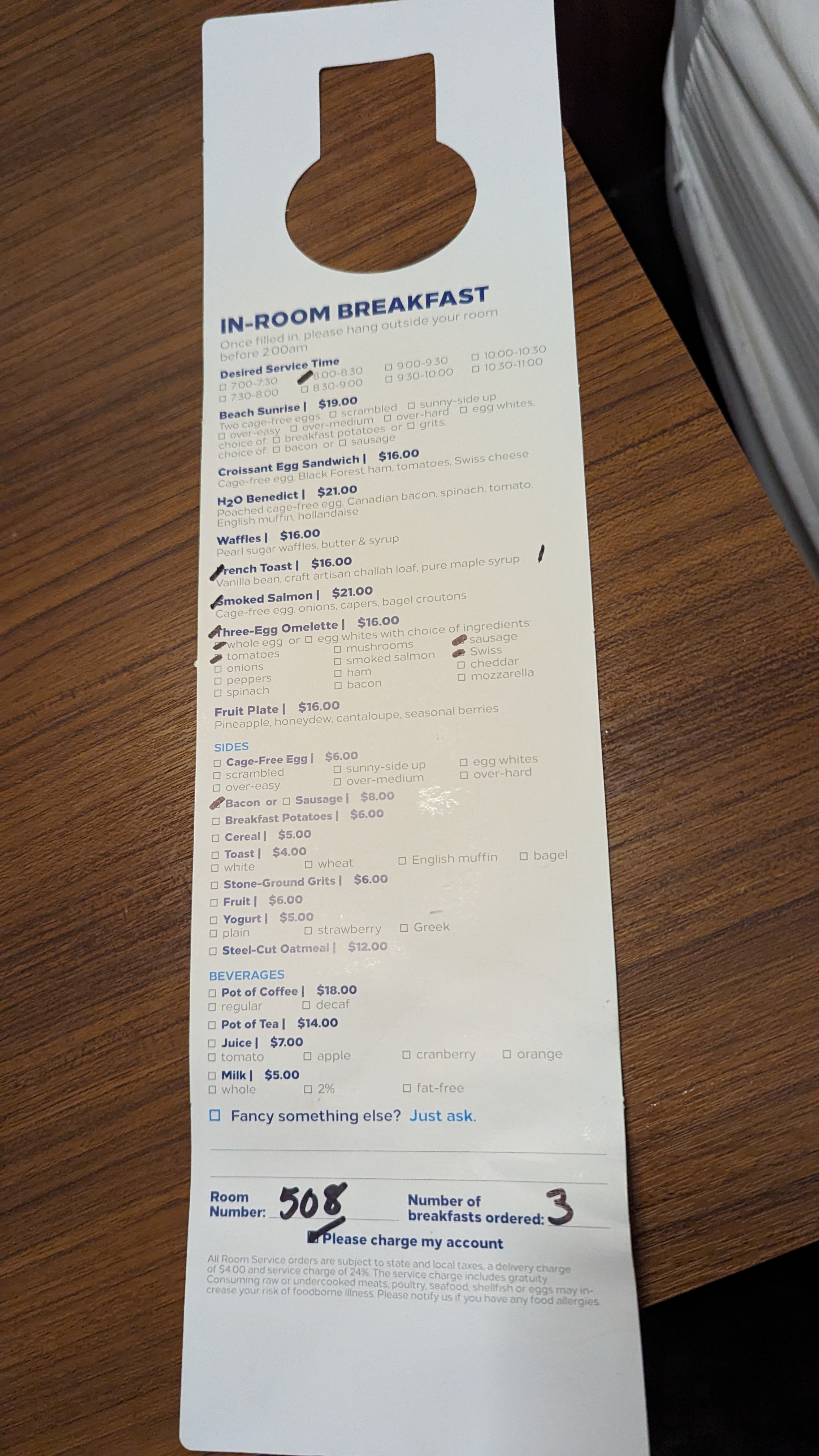 Hilton Pensacola Beach food and beverage room service