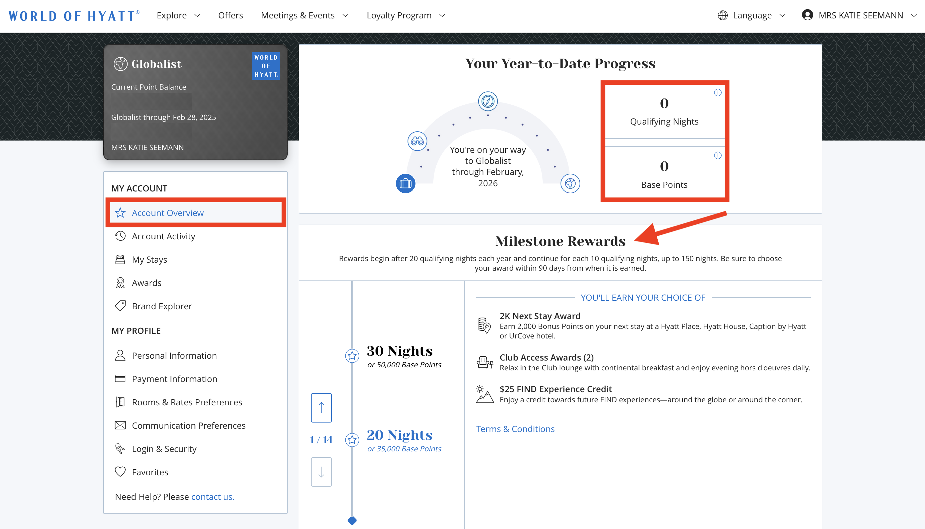 Hyatt Milestone Rewards online 