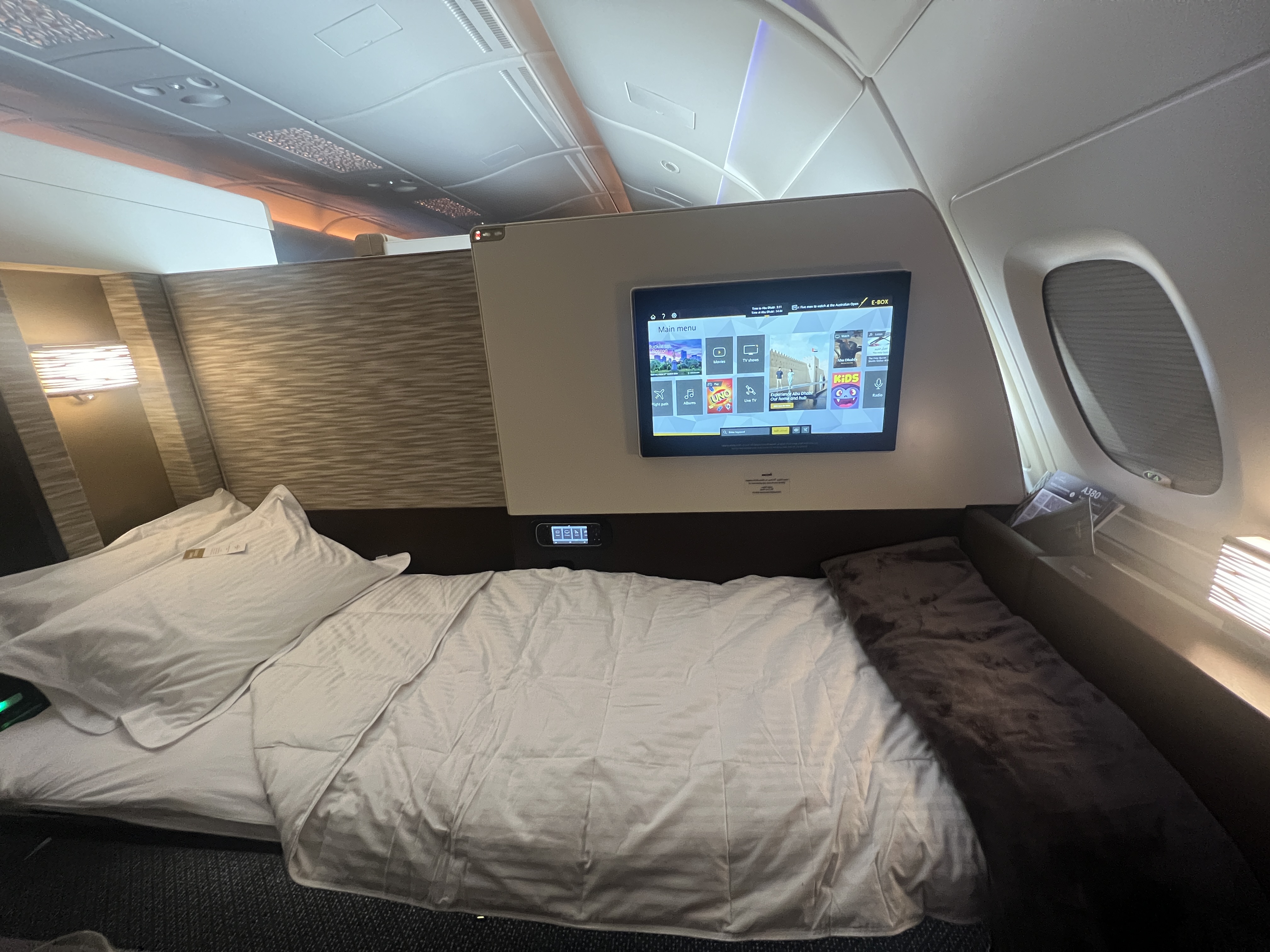 Etihad First Class Apartment bed windows closed Etihad First Class Apartment bed windows closed